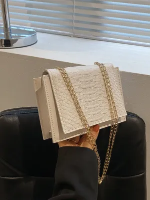 Mini Snakeskin Embossed Chain Square Bag - Beige - FD ⚡