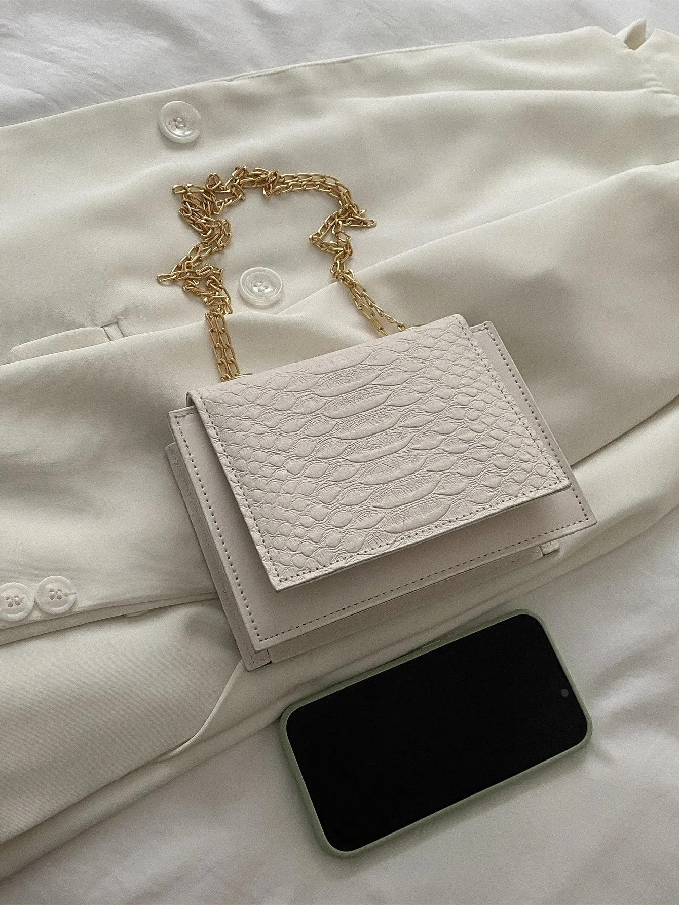Mini Snakeskin Embossed Chain Square Bag - Beige - FD ⚡