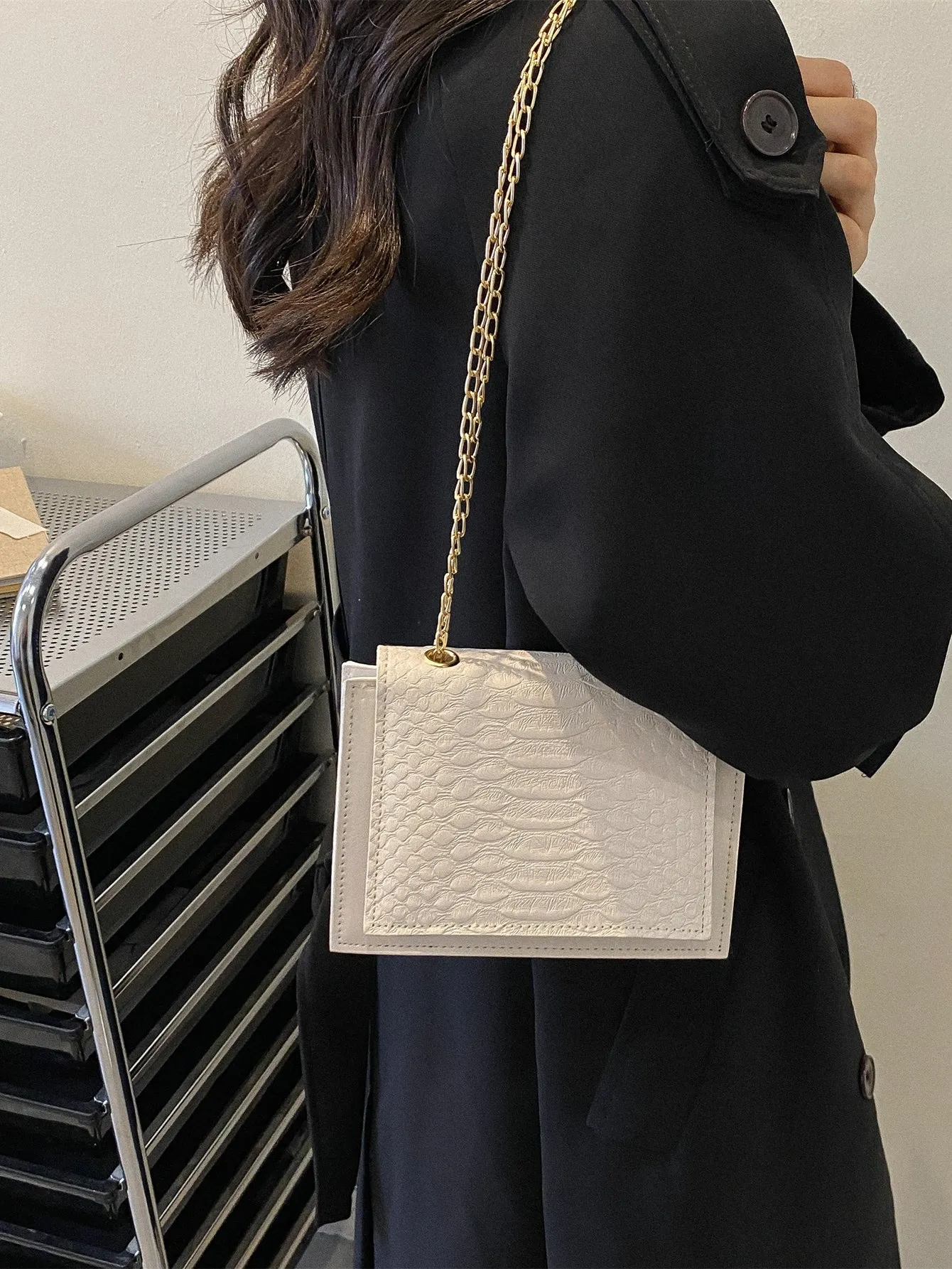 Mini Snakeskin Embossed Chain Square Bag - Beige - FD ⚡