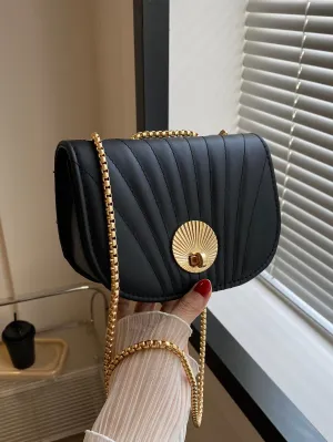 Mini Turn-lock Flap Crossbody Bag And Metal Chain Strap - Black