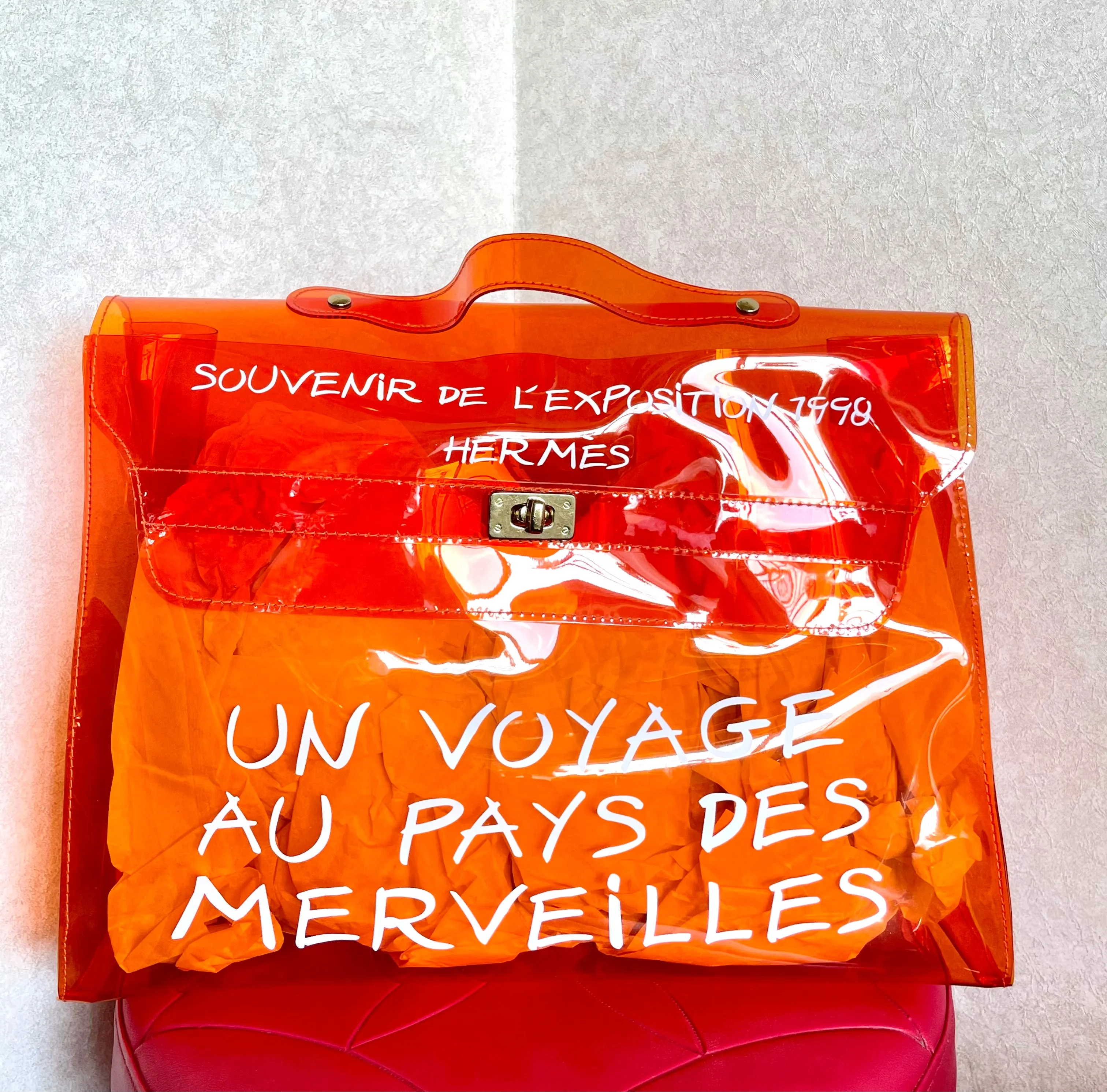 MINT. 1990s. Vintage Hermes a rare transparent orange vinyl Kelly bag Japan Limited Edit. Rare and collectible bag from 90's. 050118m1