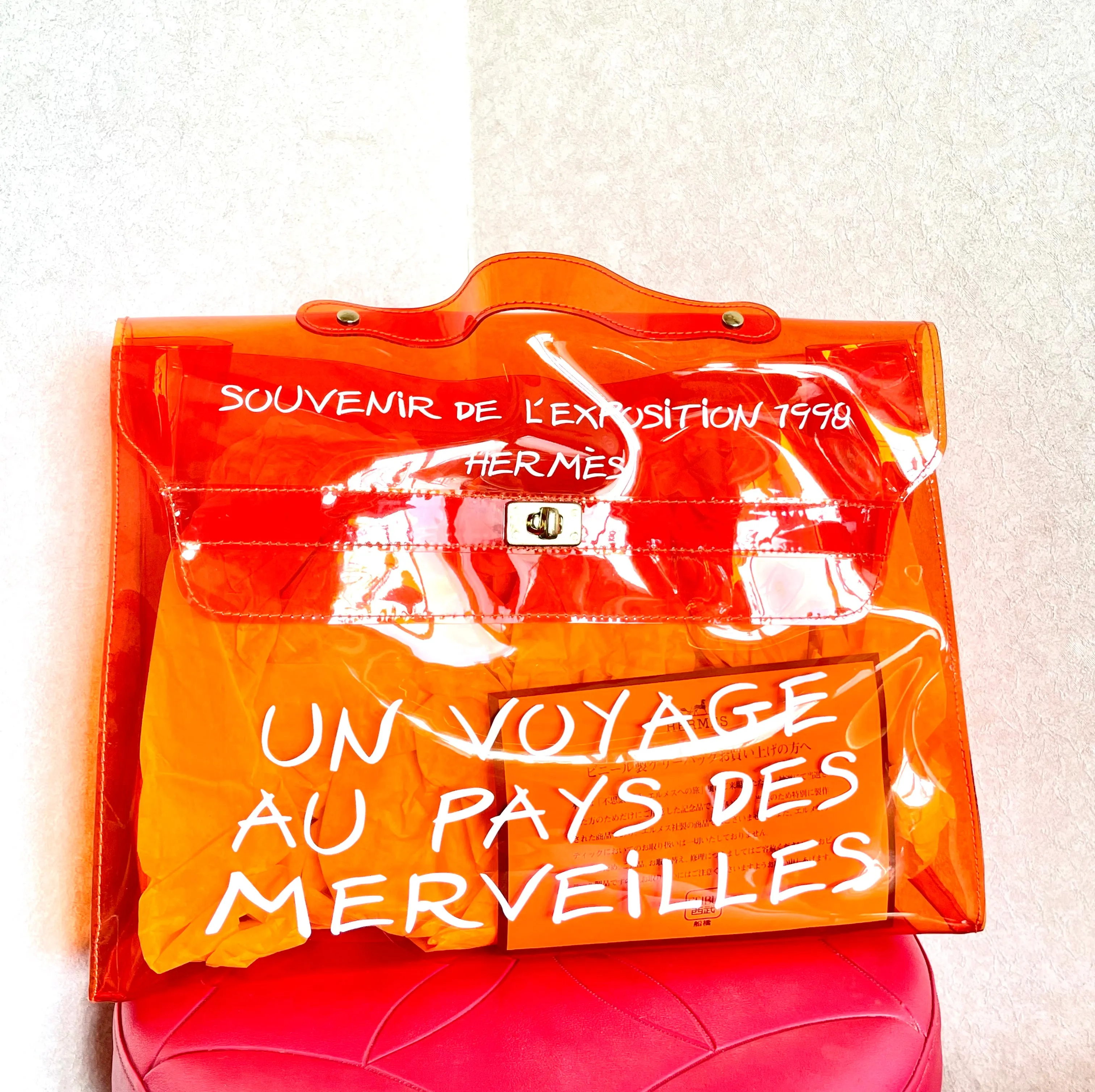 MINT. 1990s. Vintage Hermes a rare transparent orange vinyl Kelly bag Japan Limited Edit. Rare and collectible bag from 90's. 050118m1