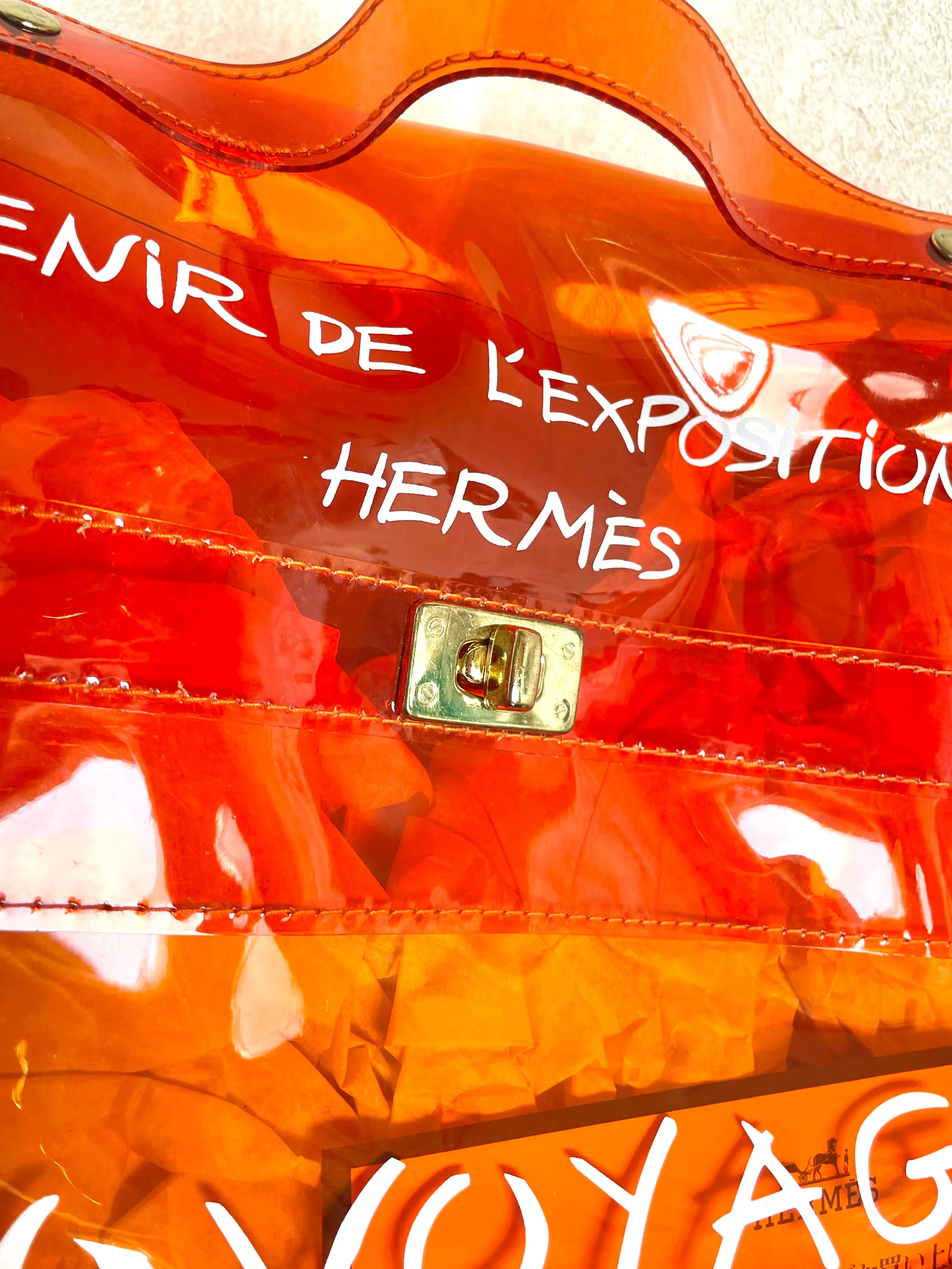 MINT. 1990s. Vintage Hermes a rare transparent orange vinyl Kelly bag Japan Limited Edit. Rare and collectible bag from 90's. 050118m1
