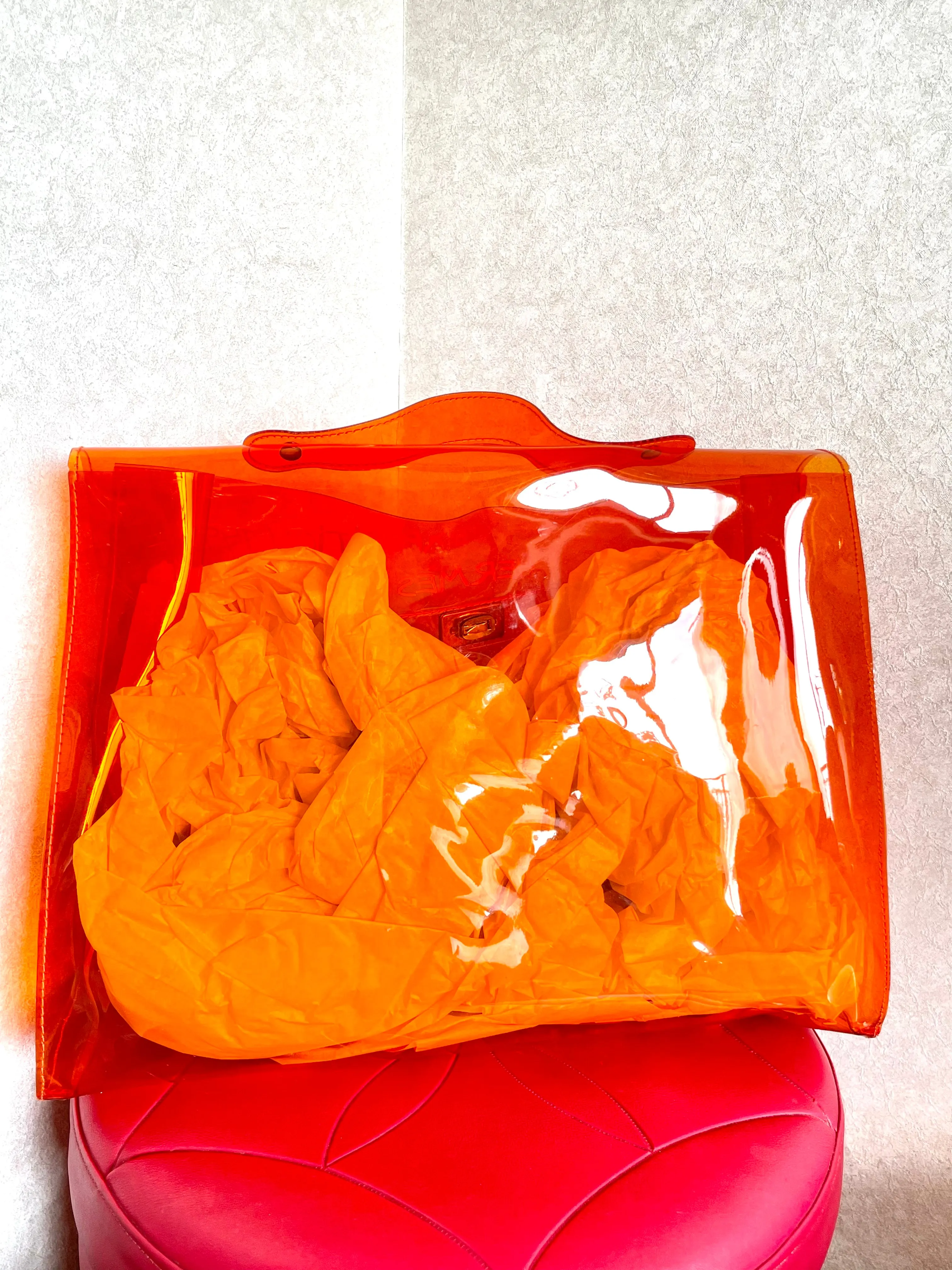 MINT. 1990s. Vintage Hermes a rare transparent orange vinyl Kelly bag Japan Limited Edit. Rare and collectible bag from 90's. 050118m1
