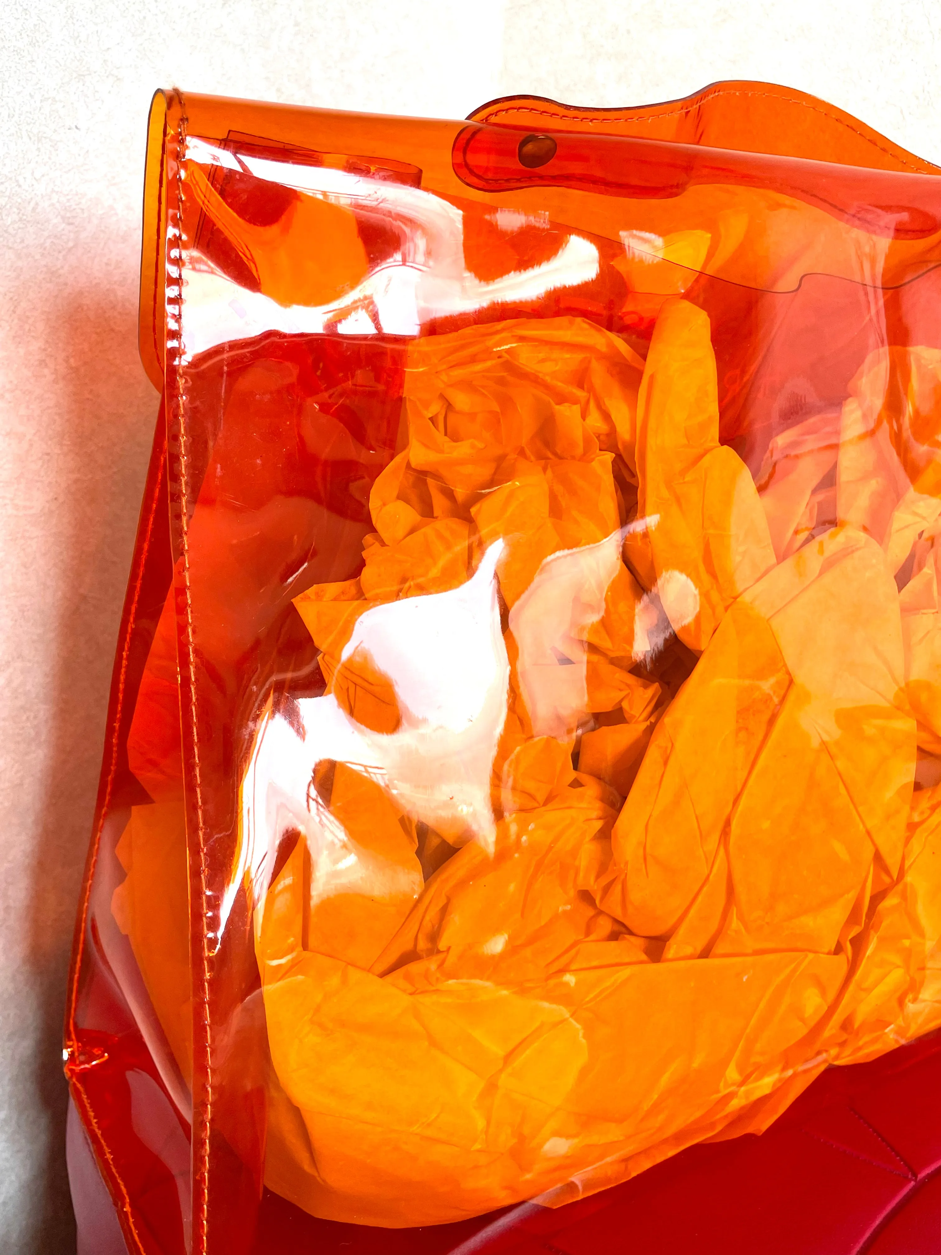 MINT. 1990s. Vintage Hermes a rare transparent orange vinyl Kelly bag Japan Limited Edit. Rare and collectible bag from 90's. 050118m1