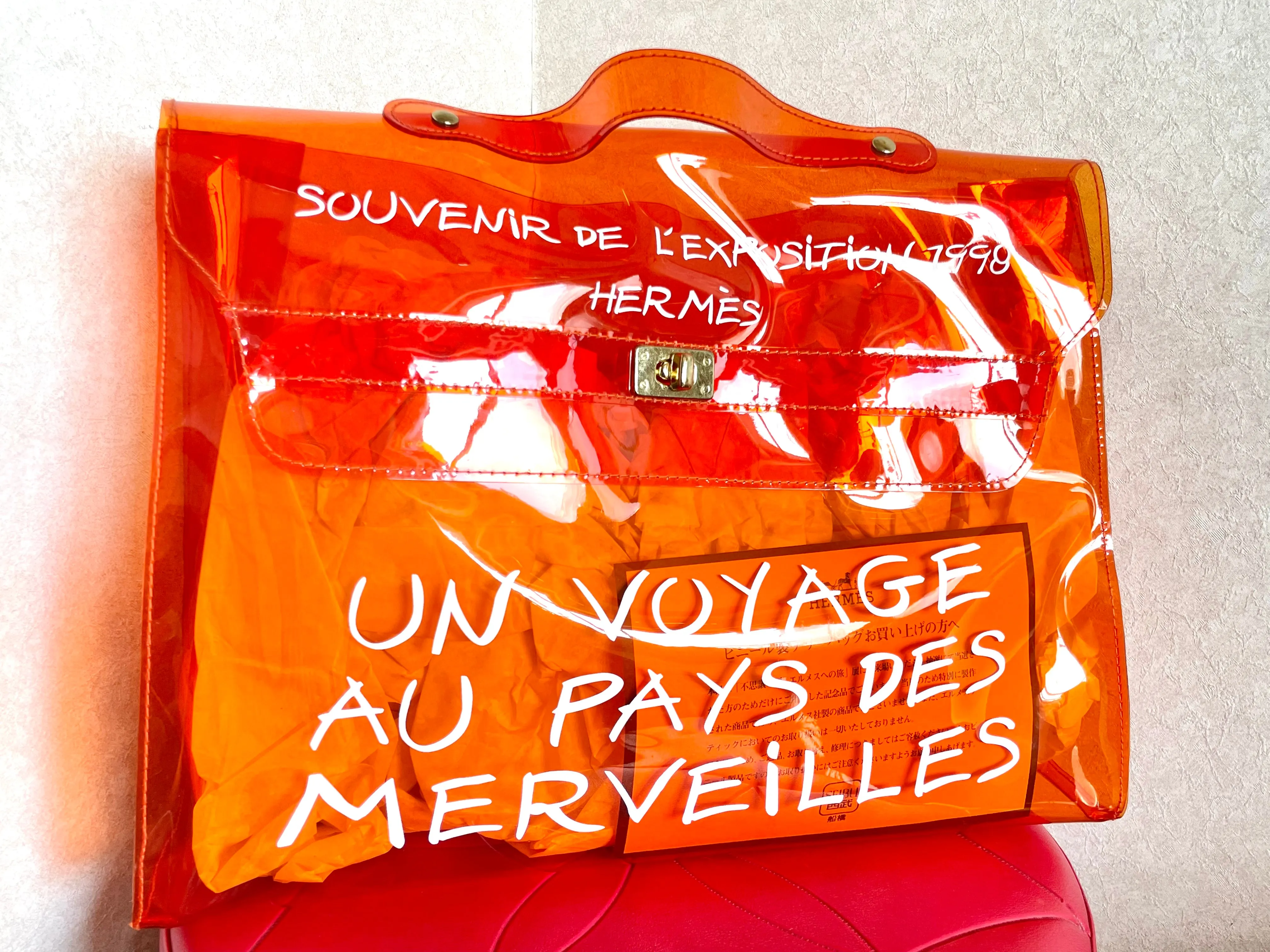 MINT. 1990s. Vintage Hermes a rare transparent orange vinyl Kelly bag Japan Limited Edit. Rare and collectible bag from 90's. 050118m1