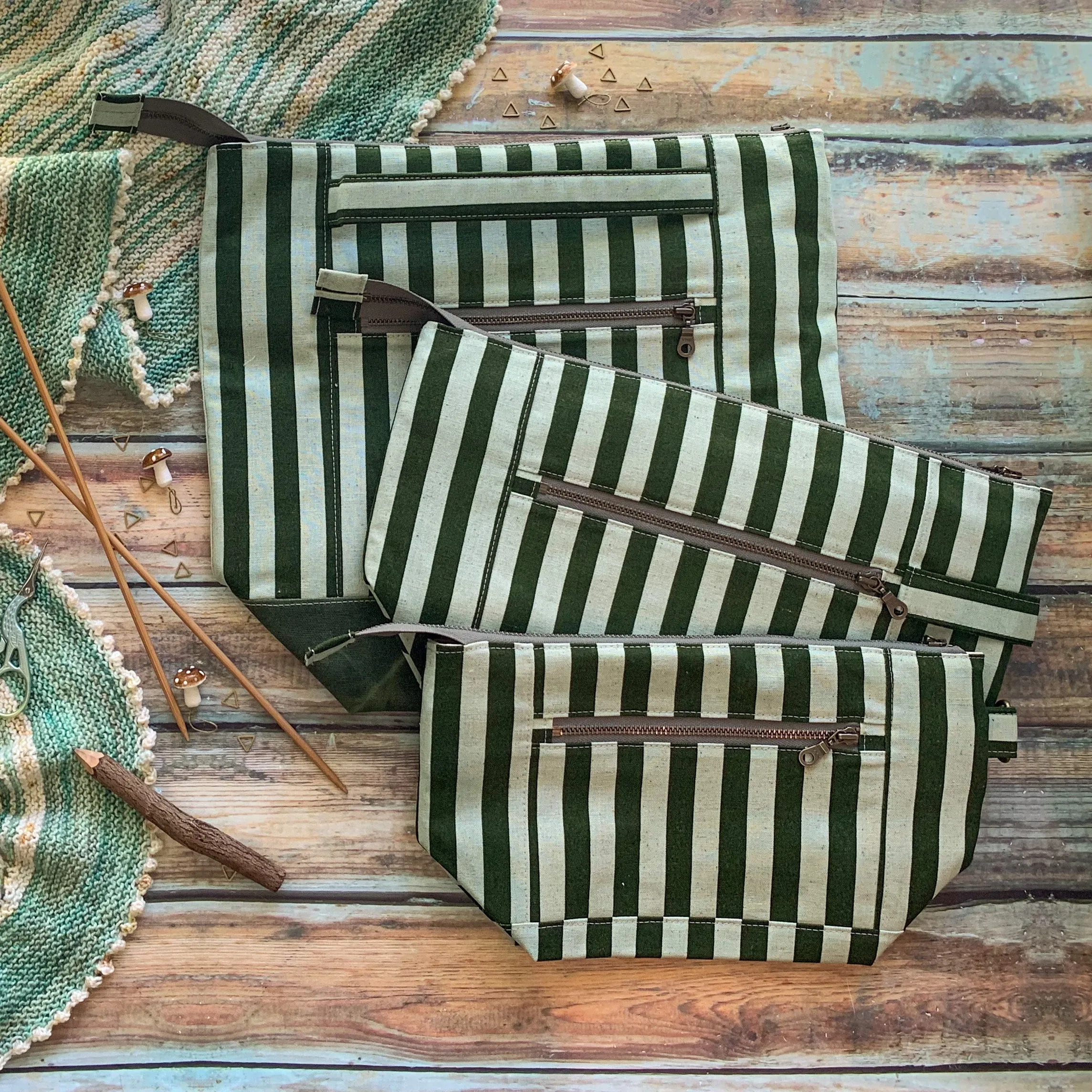*Mint Stripe*- Ready to Ship- Zippered Knitting Project Bag