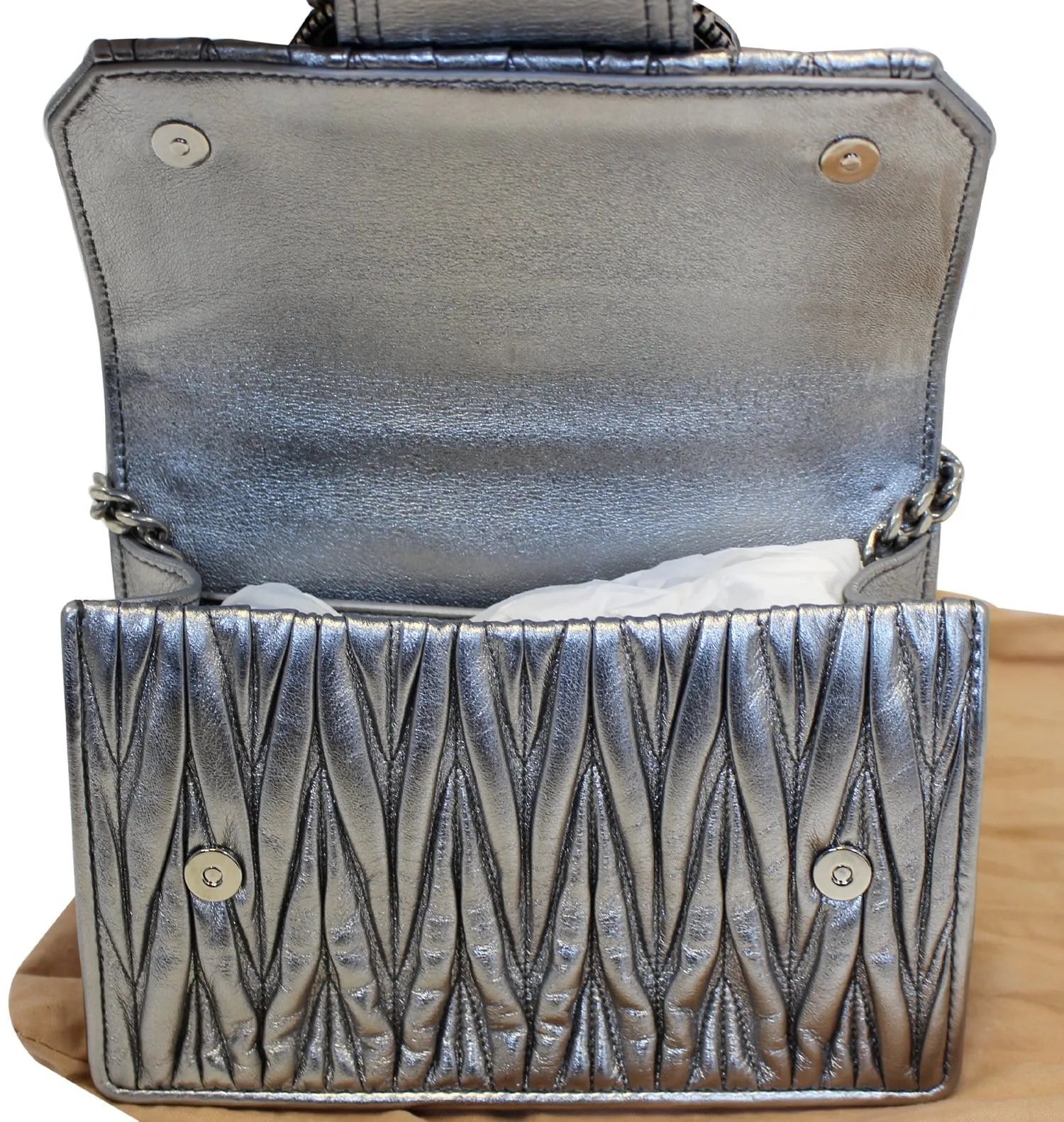 MIU MIU Silver Leather Matelasse Miu Lady Crossbody Bag