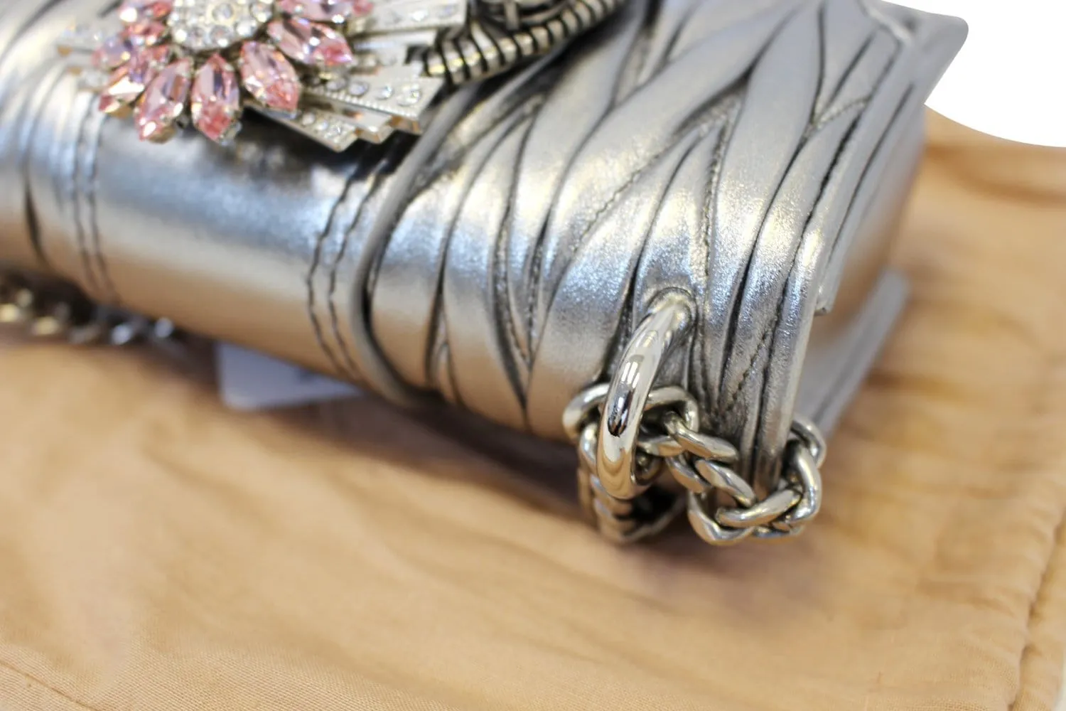 MIU MIU Silver Leather Matelasse Miu Lady Crossbody Bag