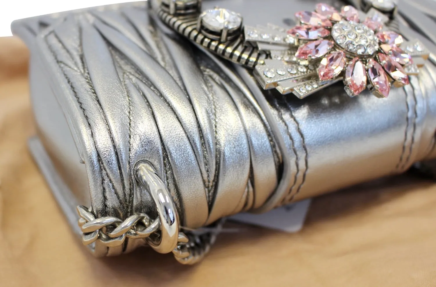 MIU MIU Silver Leather Matelasse Miu Lady Crossbody Bag