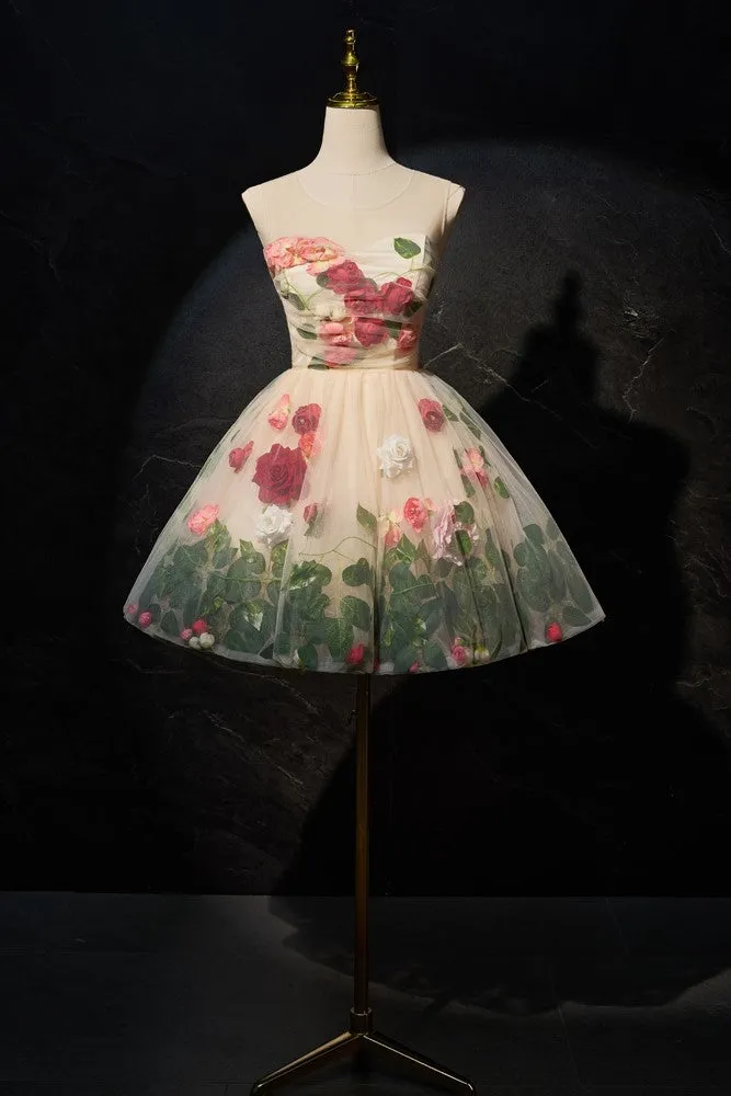 New Arrival Floral Sleeveless A Line Short Homecoming Dresses
