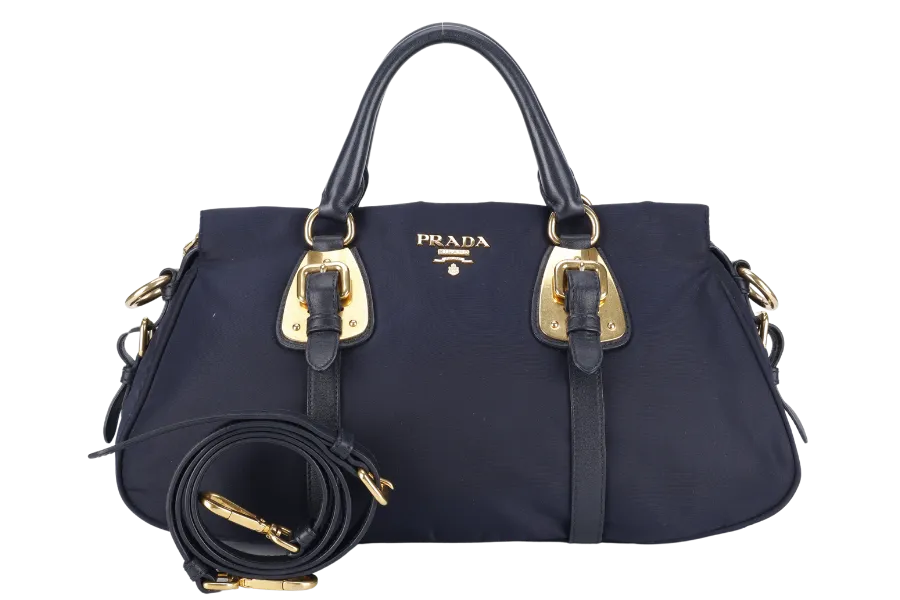 PRADA BN1903 TESSUTO MEDIUM NAVY NYLON 2WAYS BAG GOLD HARDWARE WITH STRAPS NO DUST COVER