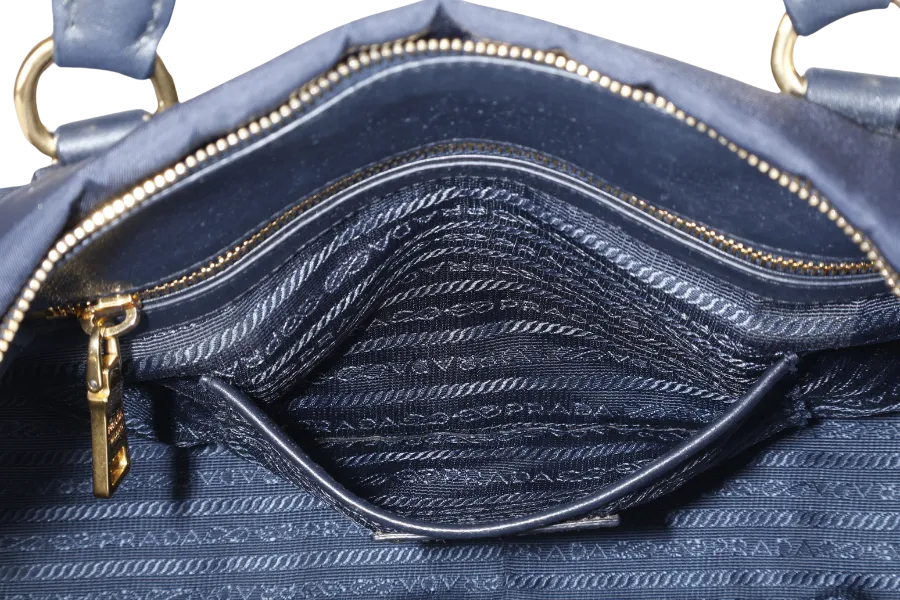 PRADA BN1903 TESSUTO MEDIUM NAVY NYLON 2WAYS BAG GOLD HARDWARE WITH STRAPS NO DUST COVER