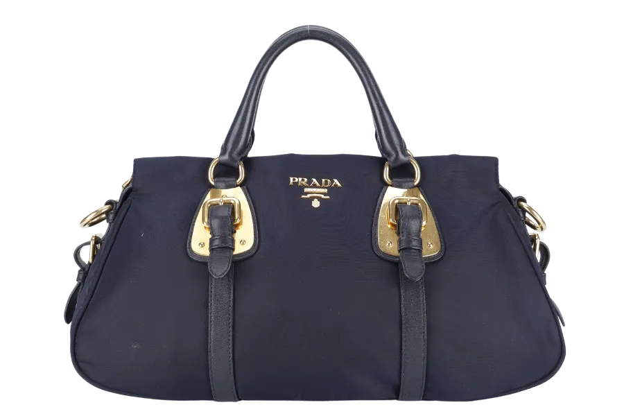 PRADA BN1903 TESSUTO MEDIUM NAVY NYLON 2WAYS BAG GOLD HARDWARE WITH STRAPS NO DUST COVER