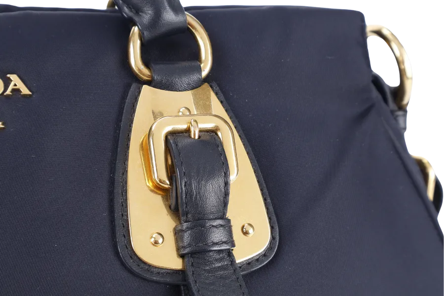 PRADA BN1903 TESSUTO MEDIUM NAVY NYLON 2WAYS BAG GOLD HARDWARE WITH STRAPS NO DUST COVER