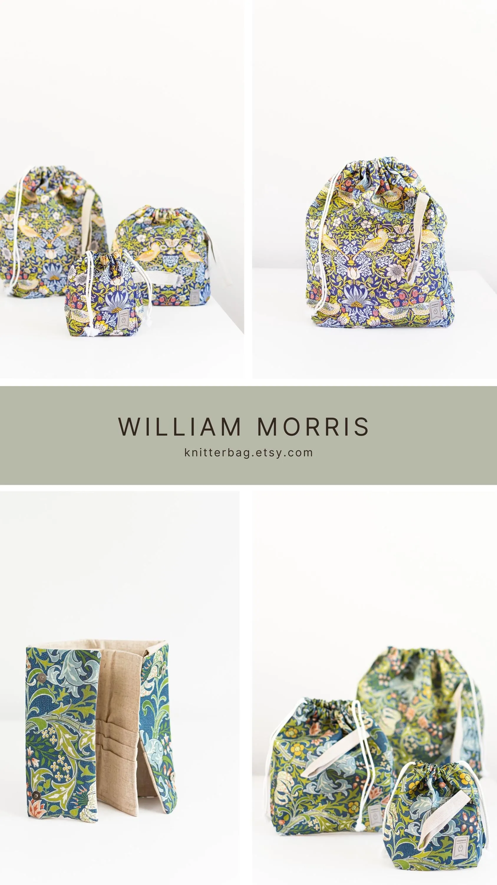 Project bags. Set of 2 Knitter Project Bags. Large and Small.  William Morris. Seaweed
