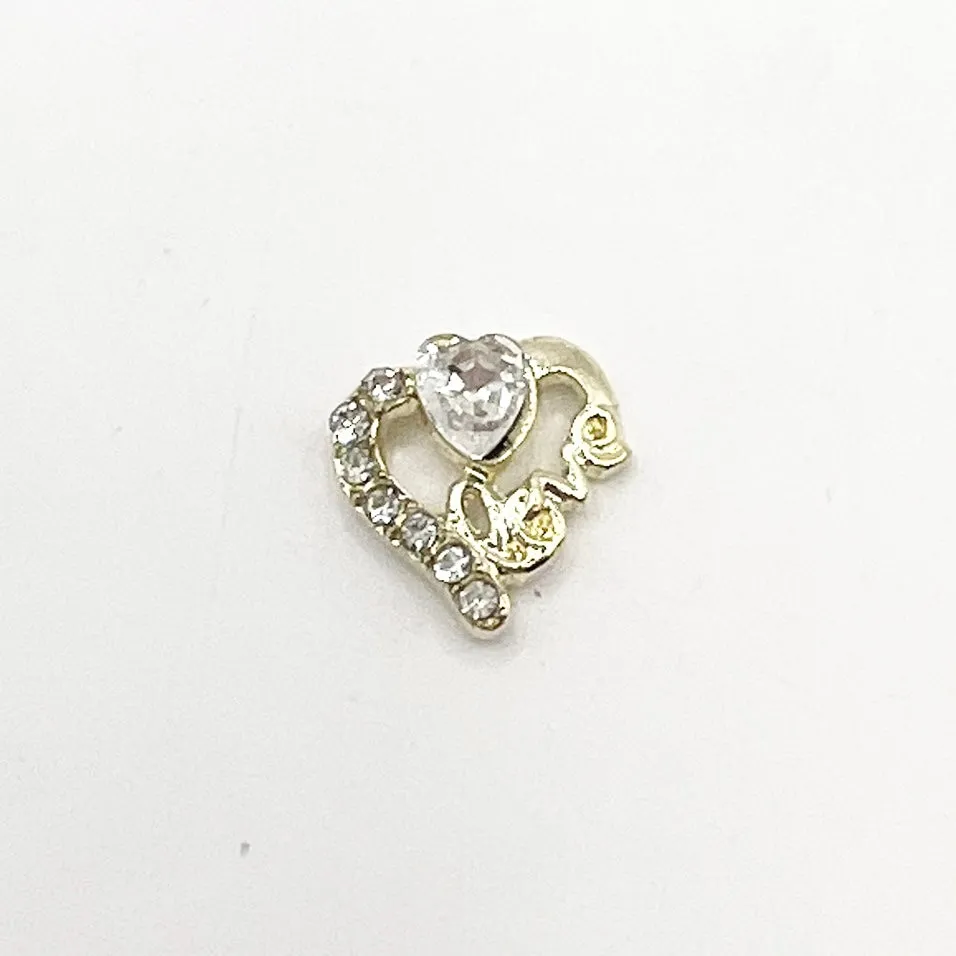 Queen - Nail Charms 10pc - #143 Gold Hearts with Clear and White Crystals