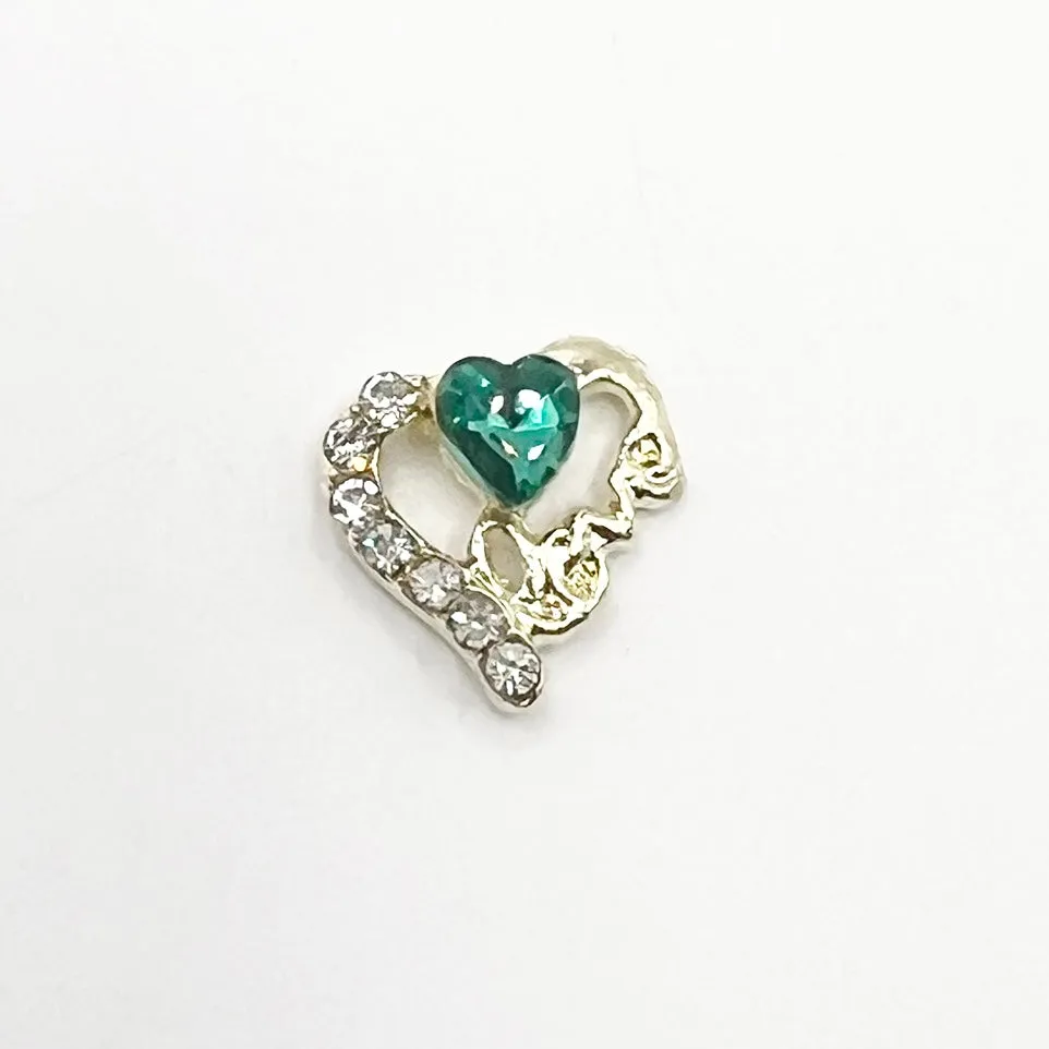 Queen - Nail Charms 10pc - #144 Gold Hearts with Clear and Green Crystals