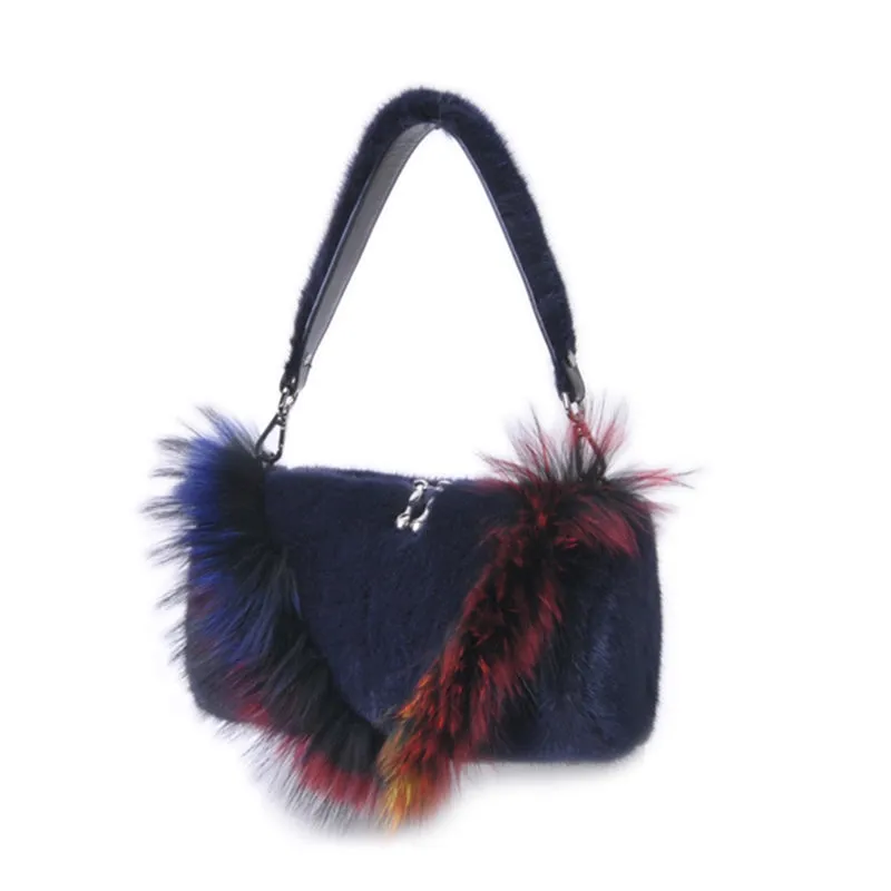 Real Mink Fur Shoulder Bags Lady Plush Handbags New Arrival Raccoon Fur Messenger Bags Women 7975