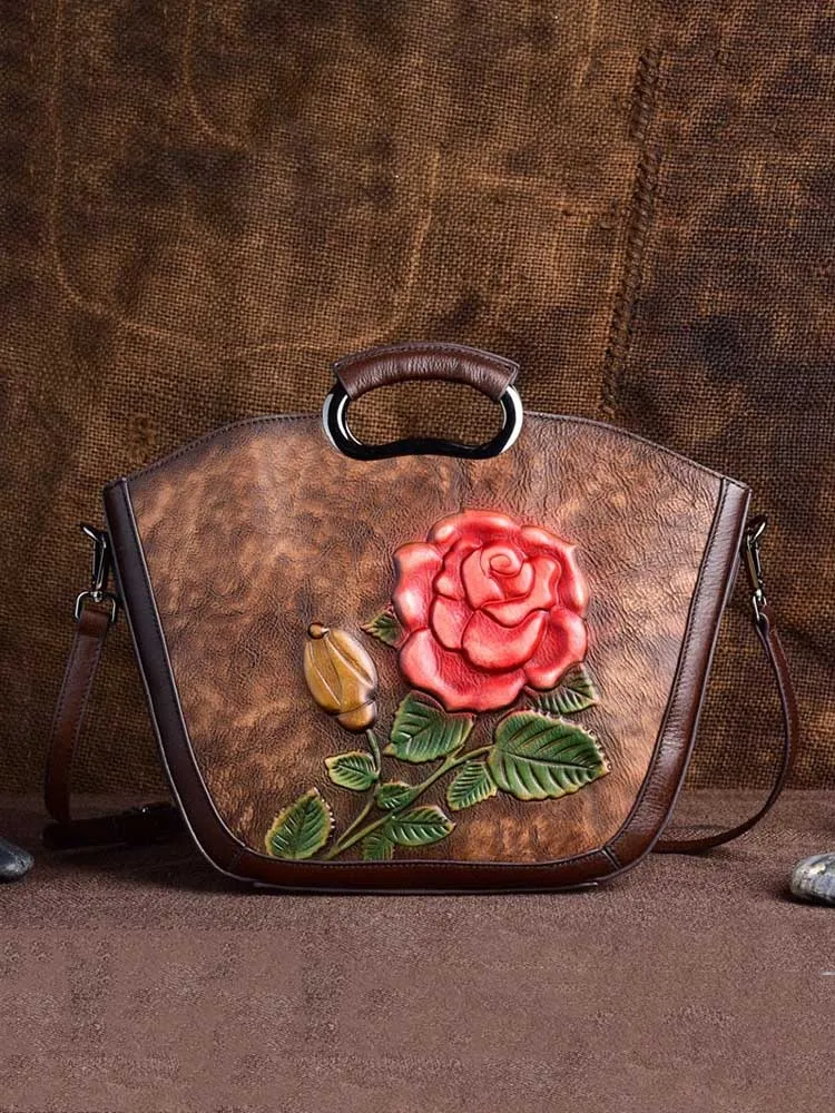 Retro Hand Painted Women Bag Genuine Leather Elegant Rose Handbag