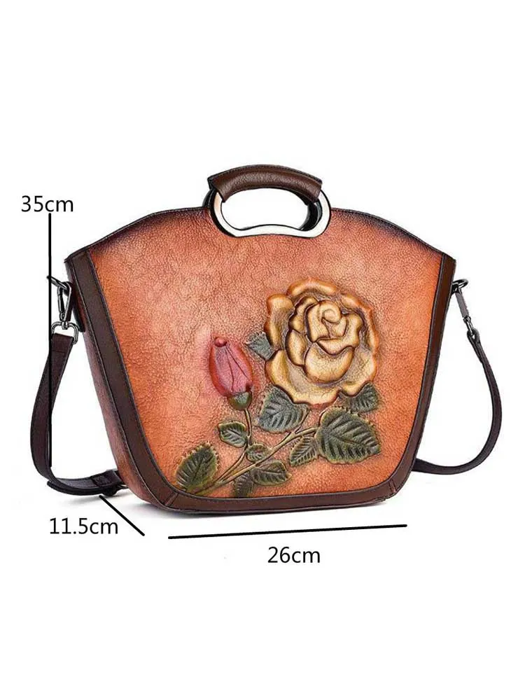 Retro Hand Painted Women Bag Genuine Leather Elegant Rose Handbag