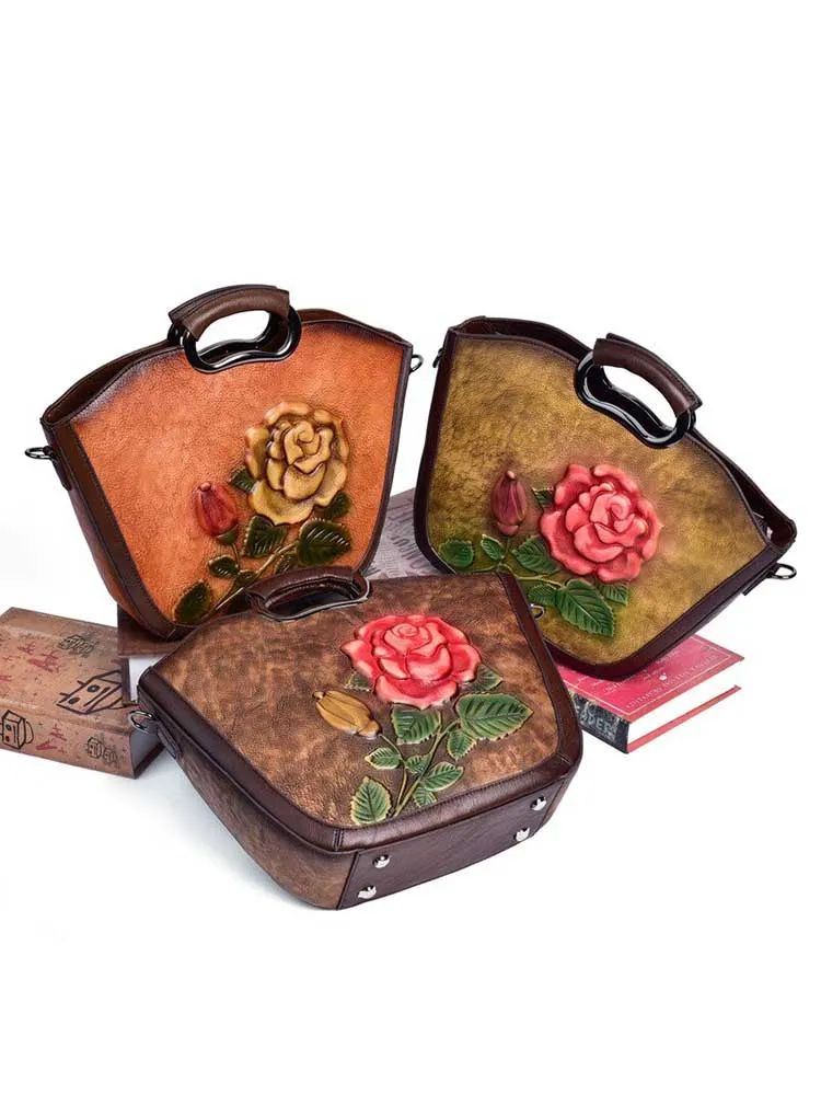 Retro Hand Painted Women Bag Genuine Leather Elegant Rose Handbag