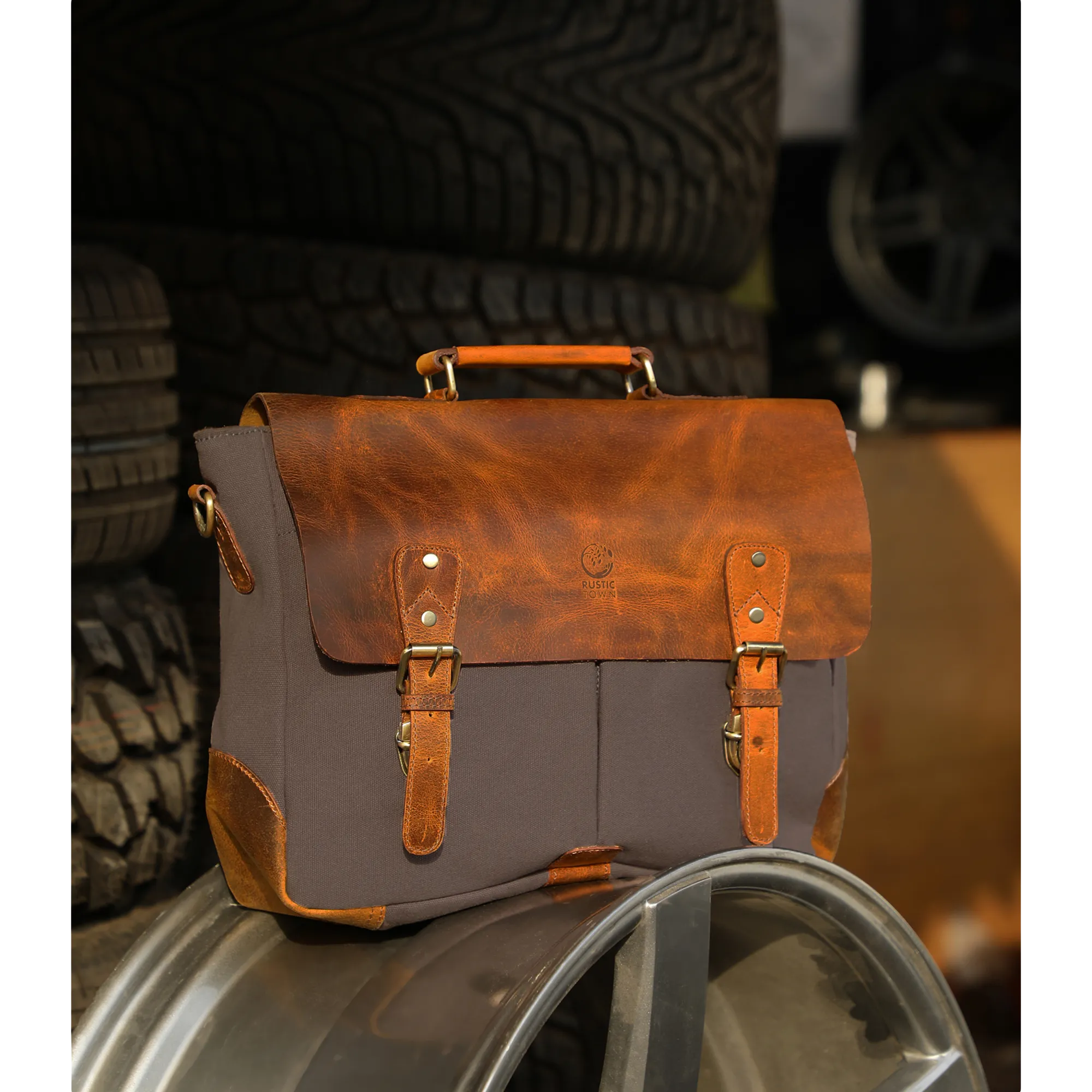 Rover Leather Canvas Messenger Bag Briefcase Laptop Bag (Dark Grey)