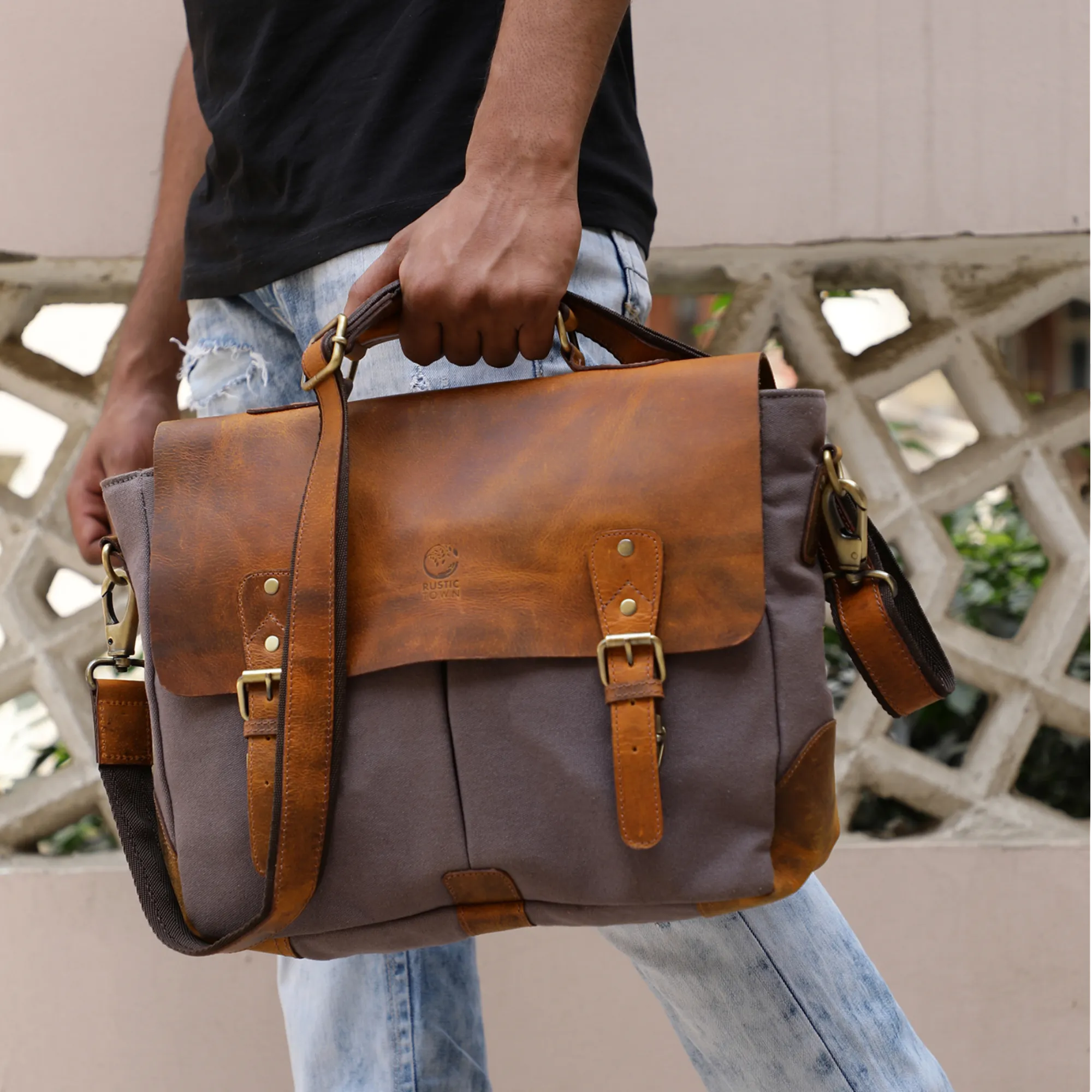 Rover Leather Canvas Messenger Bag Briefcase Laptop Bag (Dark Grey)