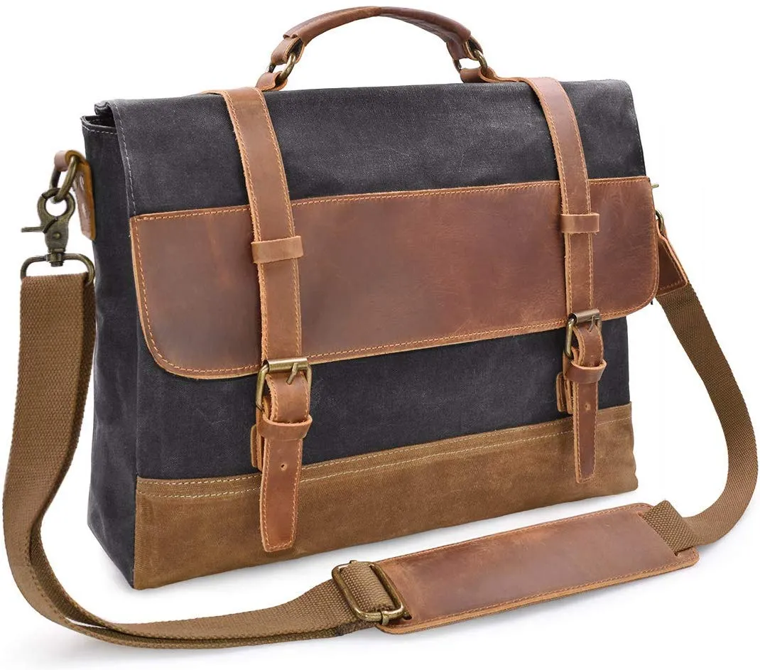 Saxon Vintage Waxed Canvas Leather Laptop Bag 15 inch