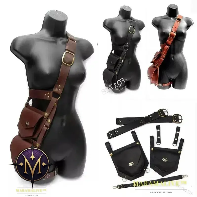 Steampunk Medieval PU Leather Shoulder Bag Vintage Double Phone Case Wallet Pocket Festival Holster Viking Pirate Costume Purse