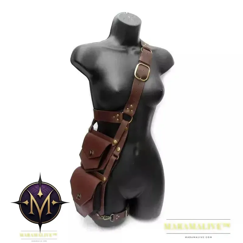 Steampunk Medieval PU Leather Shoulder Bag Vintage Double Phone Case Wallet Pocket Festival Holster Viking Pirate Costume Purse
