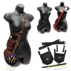 Steampunk Medieval PU Leather Shoulder Bag Vintage Double Phone Case Wallet Pocket Festival Holster Viking Pirate Costume Purse
