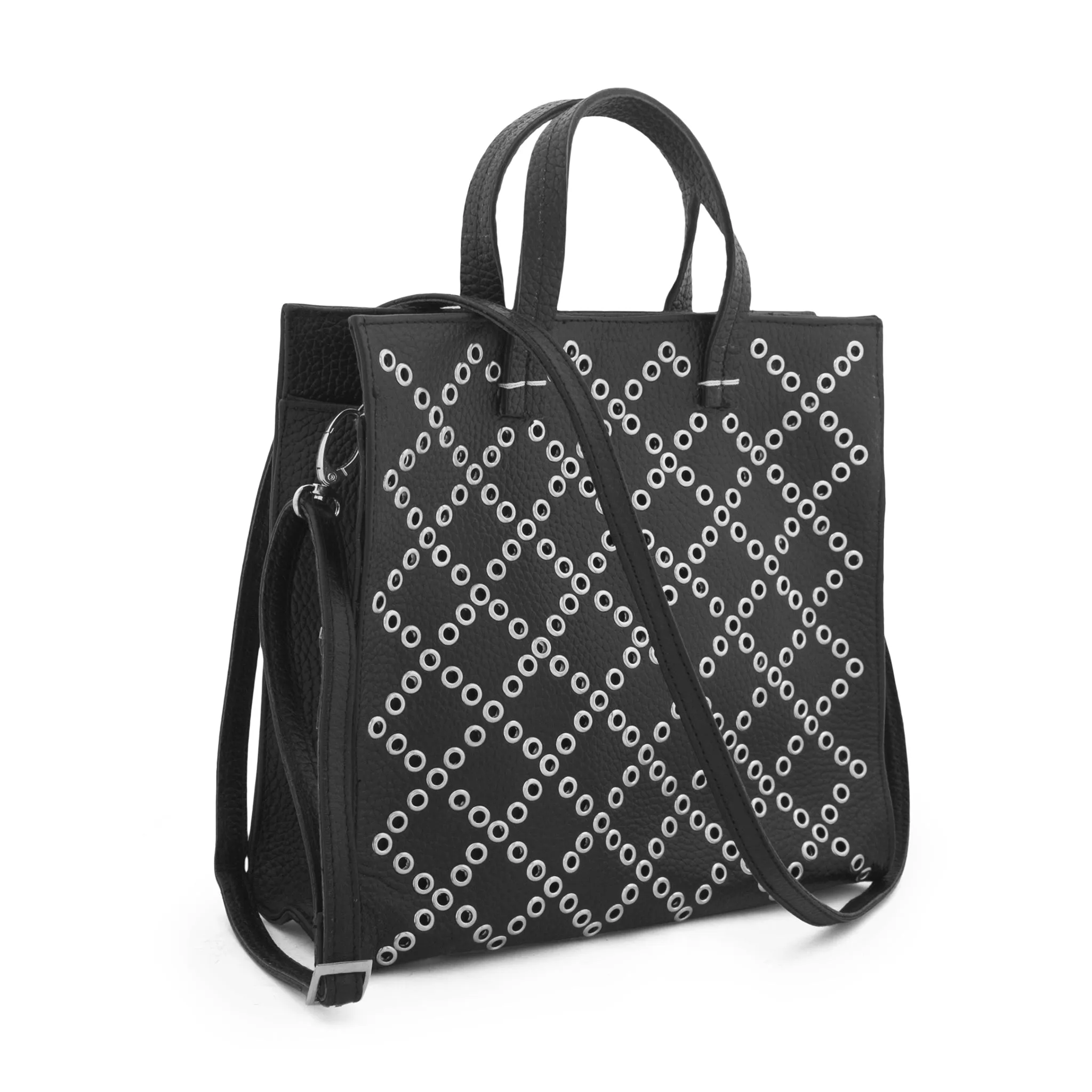 Studded Grommet-Black Leather Tote Mini