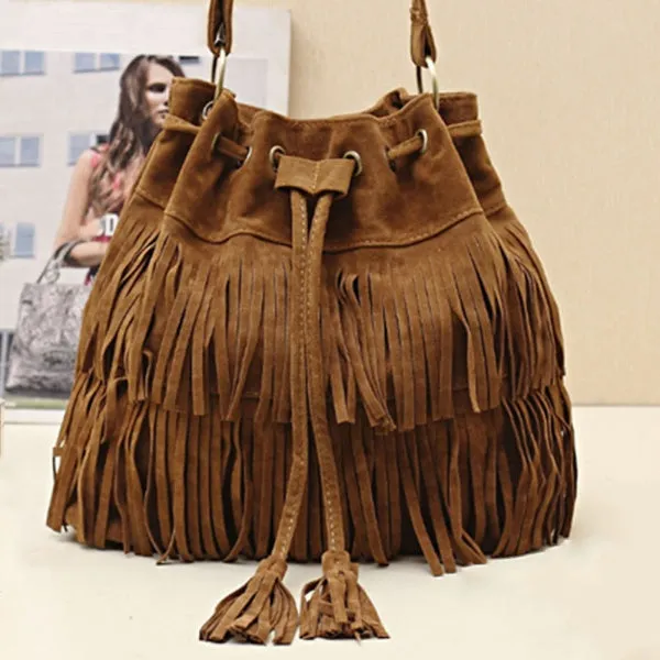 Suede Drawstring Bucket Bag Women Handbag Faux Fringe Tassel Shoulder Crossbody Messenger Bag Boho Style