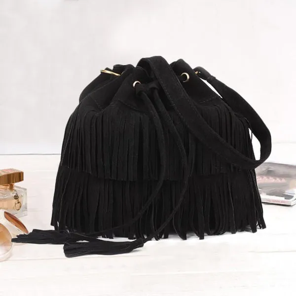 Suede Drawstring Bucket Bag Women Handbag Faux Fringe Tassel Shoulder Crossbody Messenger Bag Boho Style