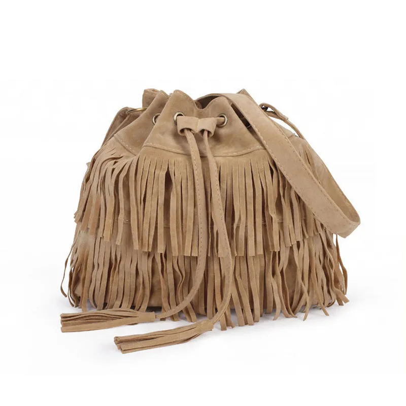 Suede Drawstring Bucket Bag Women Handbag Faux Fringe Tassel Shoulder Crossbody Messenger Bag Boho Style