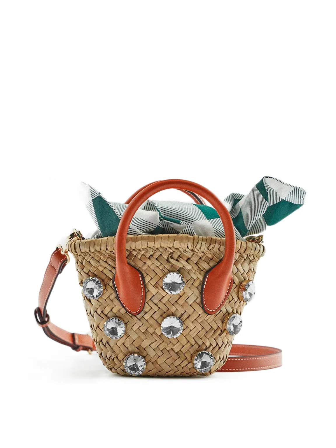 Summer Straw Braided Basket Bag Open-top Petit Bucket Handbag Top Handle Crystal Embellishment Clutch