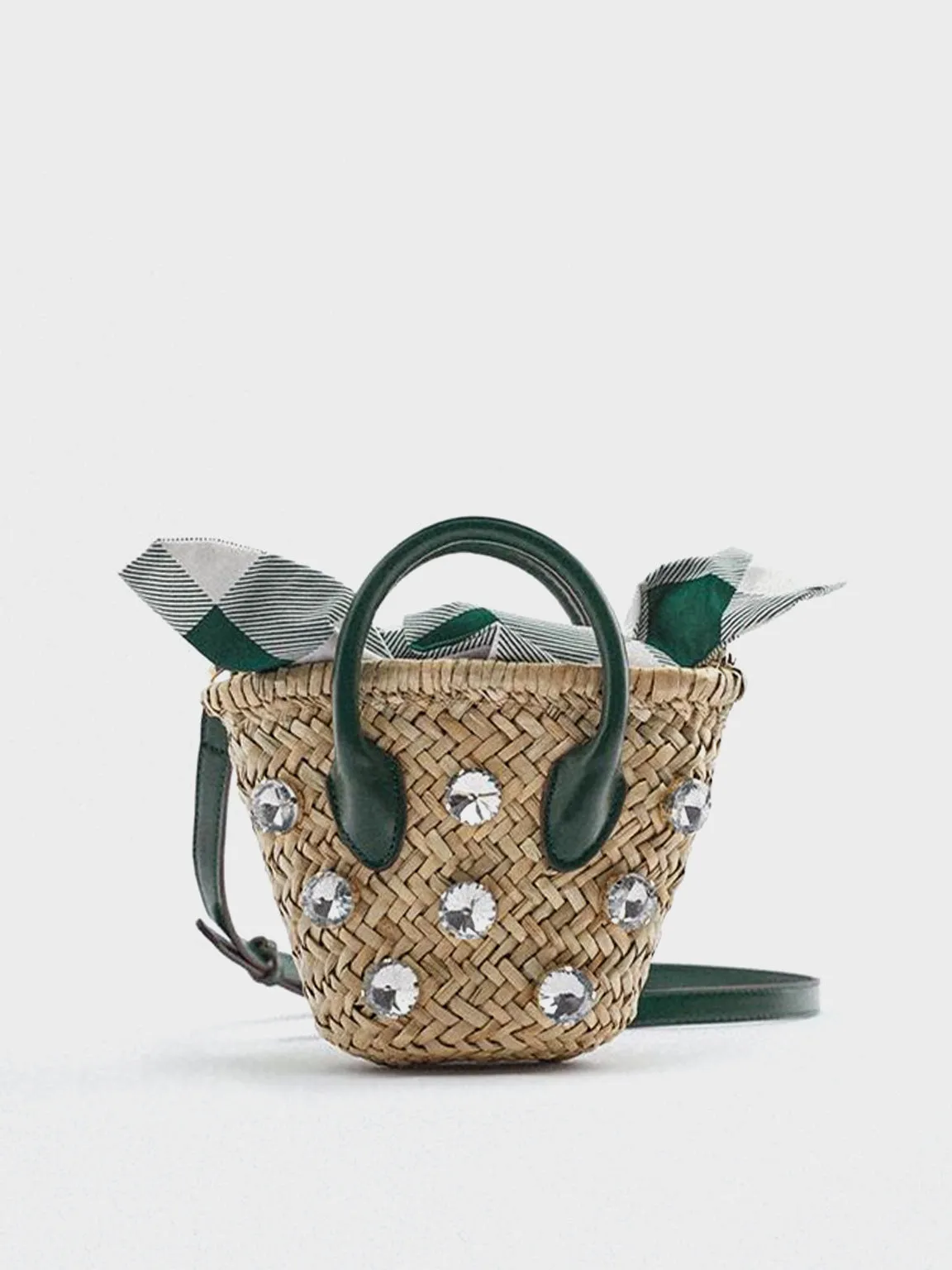 Summer Straw Braided Basket Bag Open-top Petit Bucket Handbag Top Handle Crystal Embellishment Clutch