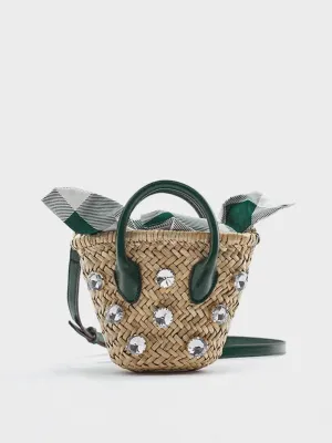 Summer Straw Braided Basket Bag Open-top Petit Bucket Handbag Top Handle Crystal Embellishment Clutch