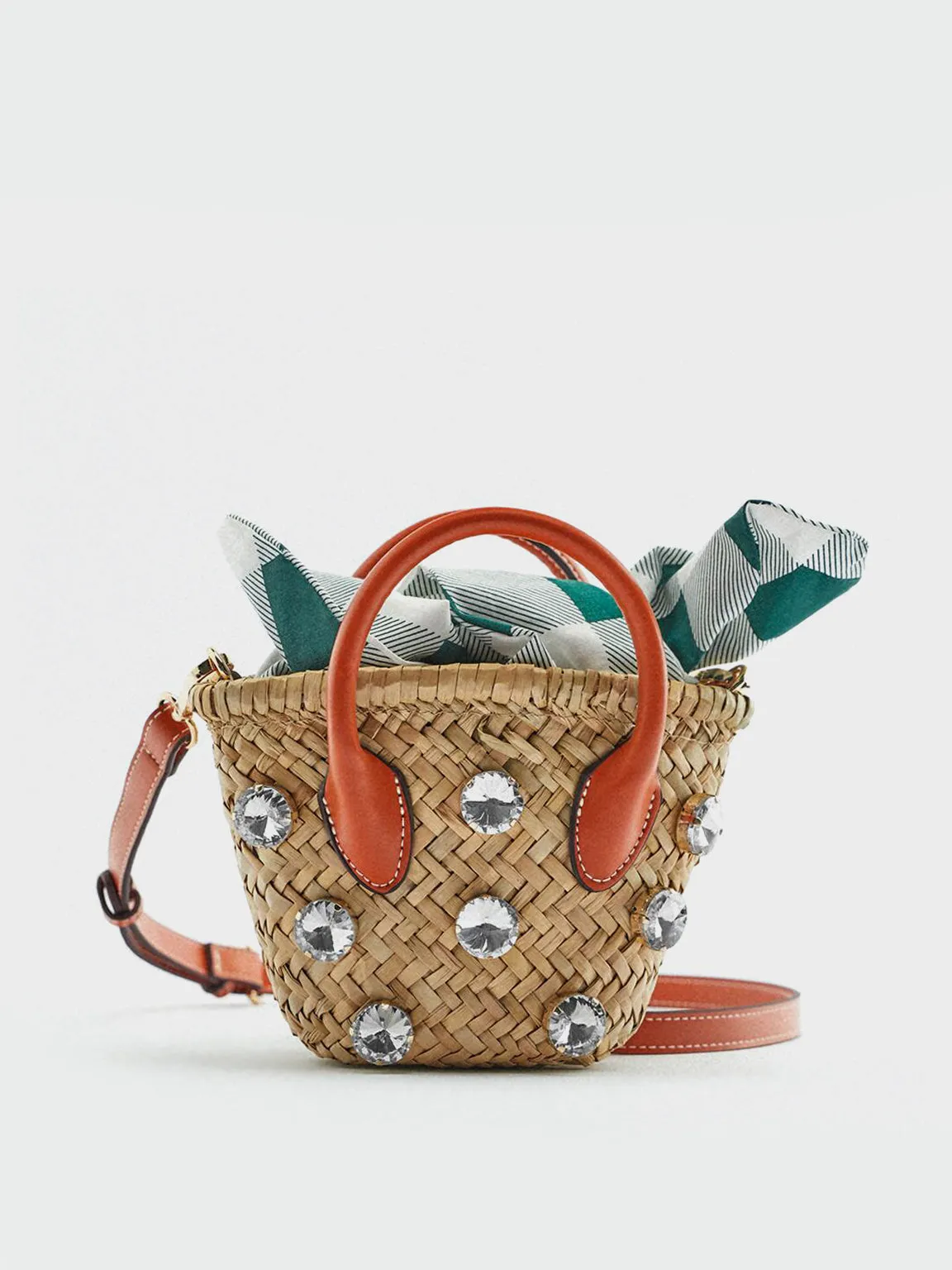 Summer Straw Braided Basket Bag Open-top Petit Bucket Handbag Top Handle Crystal Embellishment Clutch