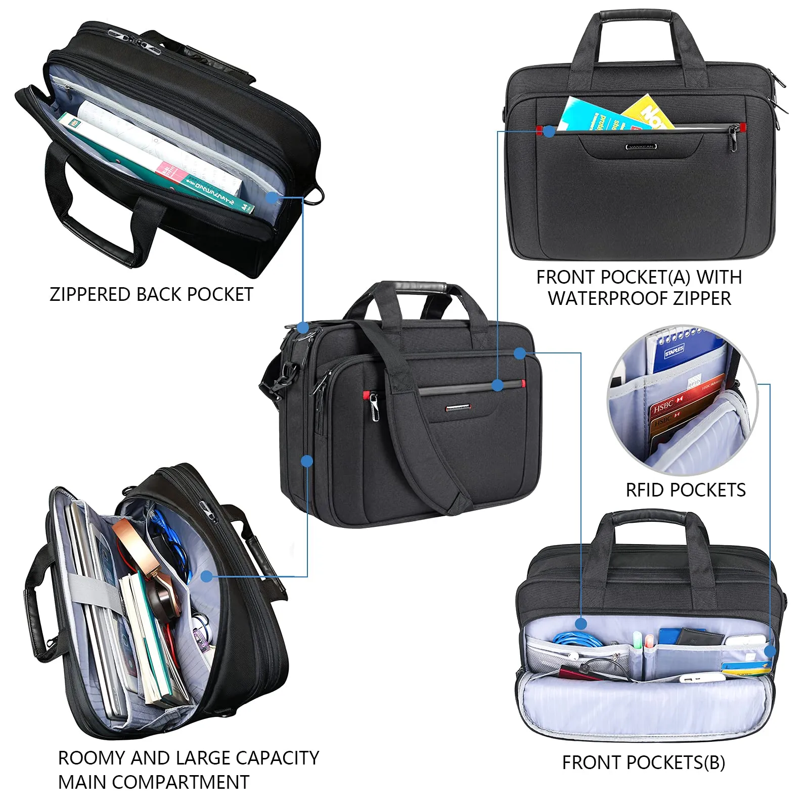 VANKEAN Laptop Briefcase Business Shoulder Bag Expandable Water-Repellent Messenger Bag