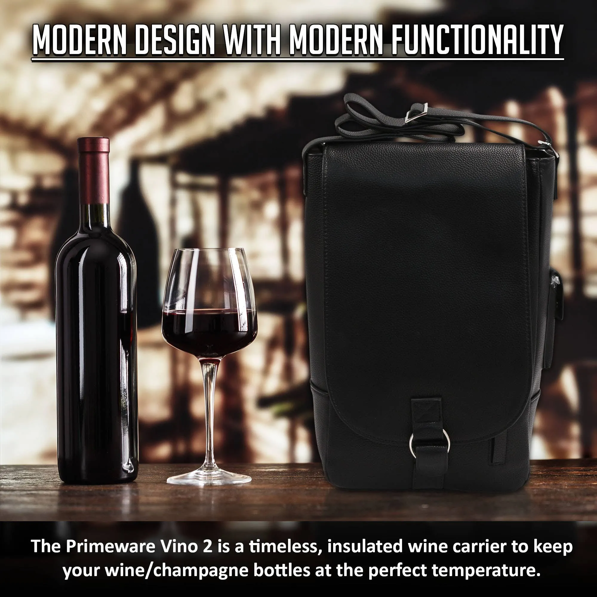 Vino2 Two Bottle Leather Wine Tote Messenger Carrier