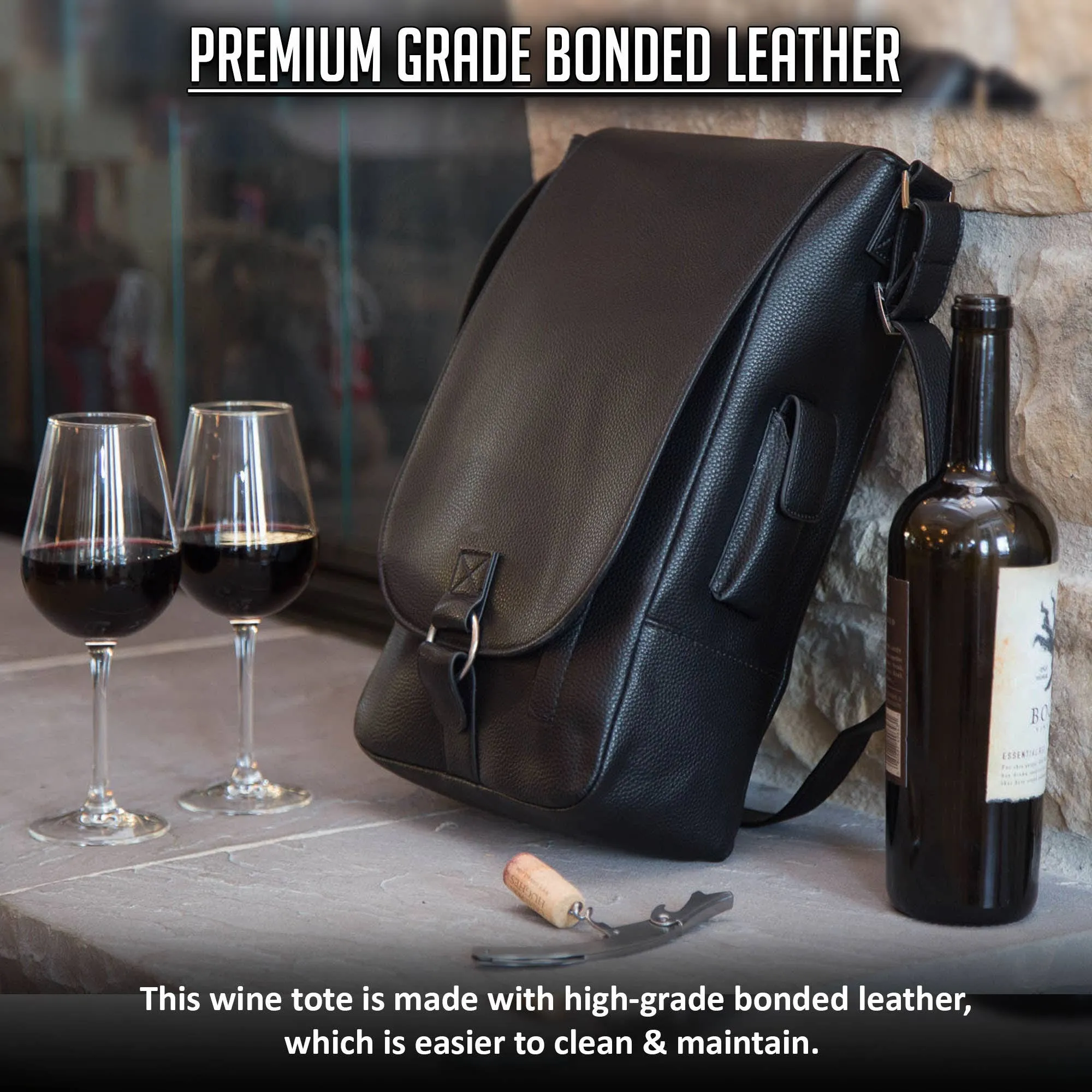 Vino2 Two Bottle Leather Wine Tote Messenger Carrier