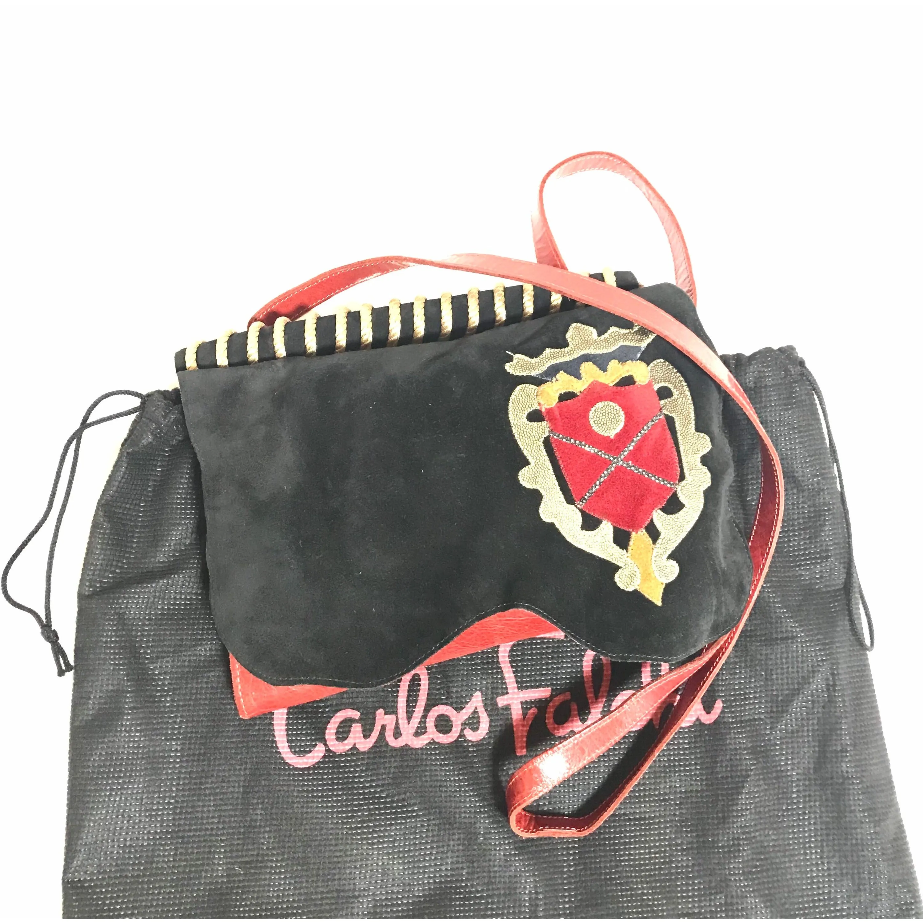 Vintage Carlos Falchi black and red leather book design messenger shoulder bag with emblem embroidery. 0602063