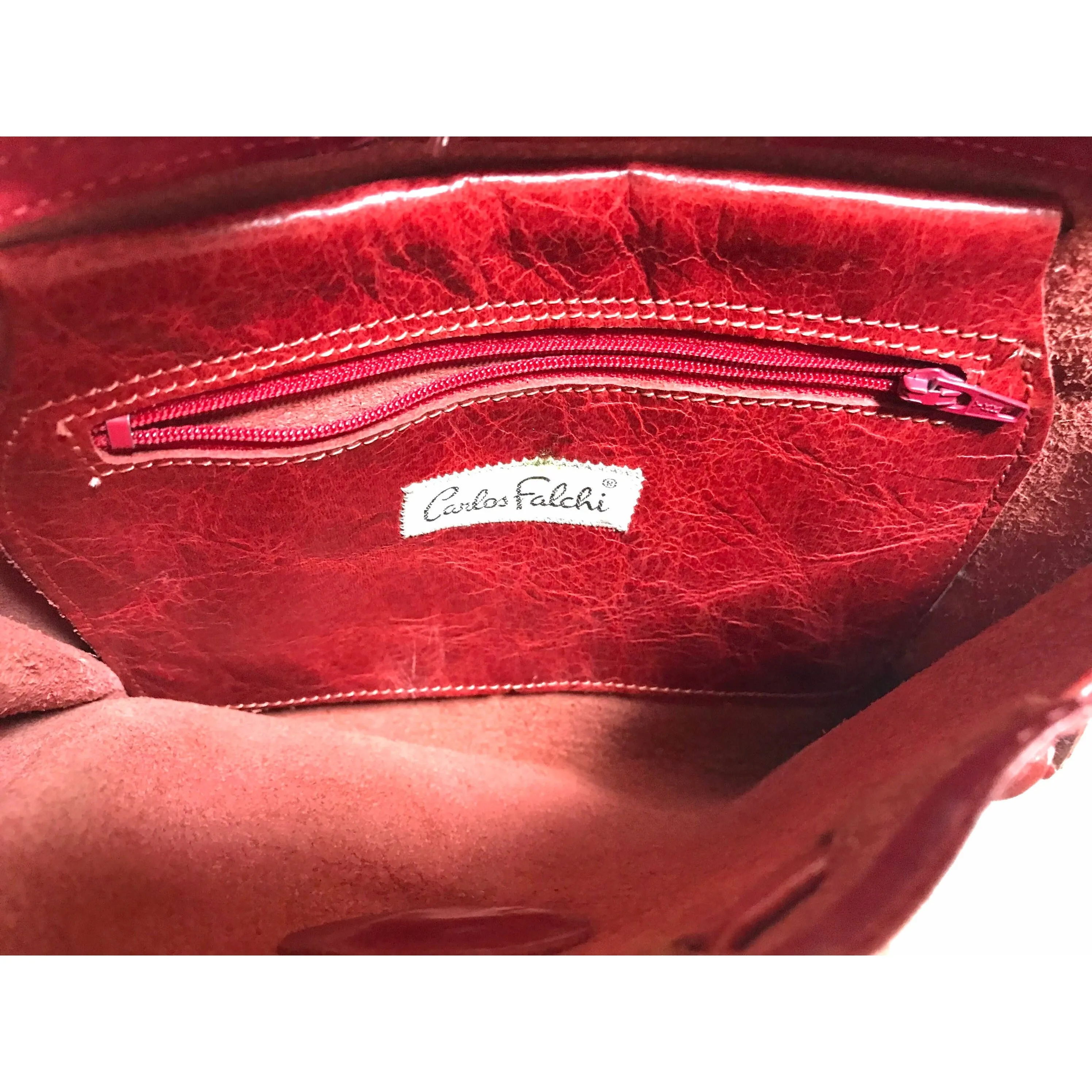 Vintage Carlos Falchi black and red leather book design messenger shoulder bag with emblem embroidery. 0602063