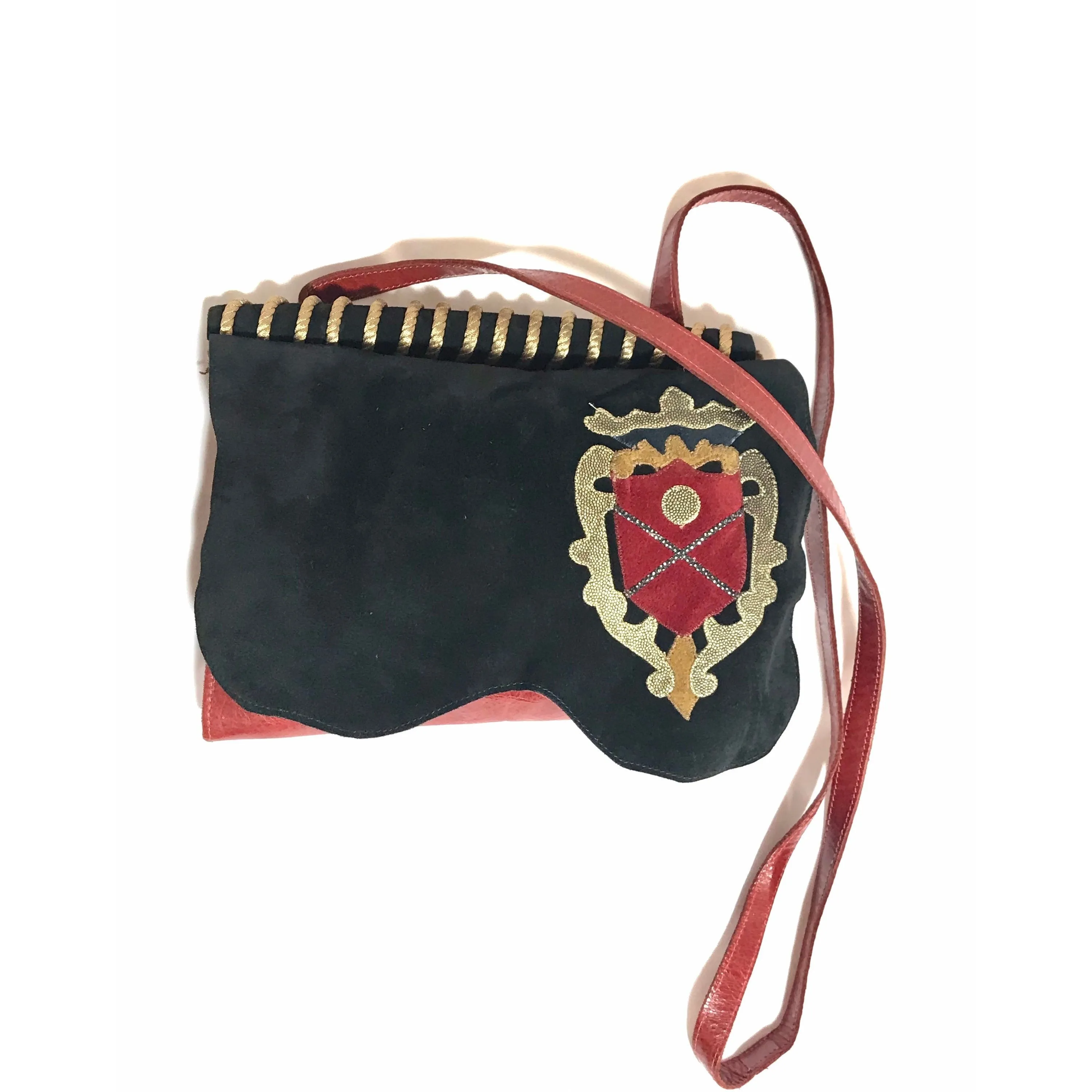 Vintage Carlos Falchi black and red leather book design messenger shoulder bag with emblem embroidery. 0602063
