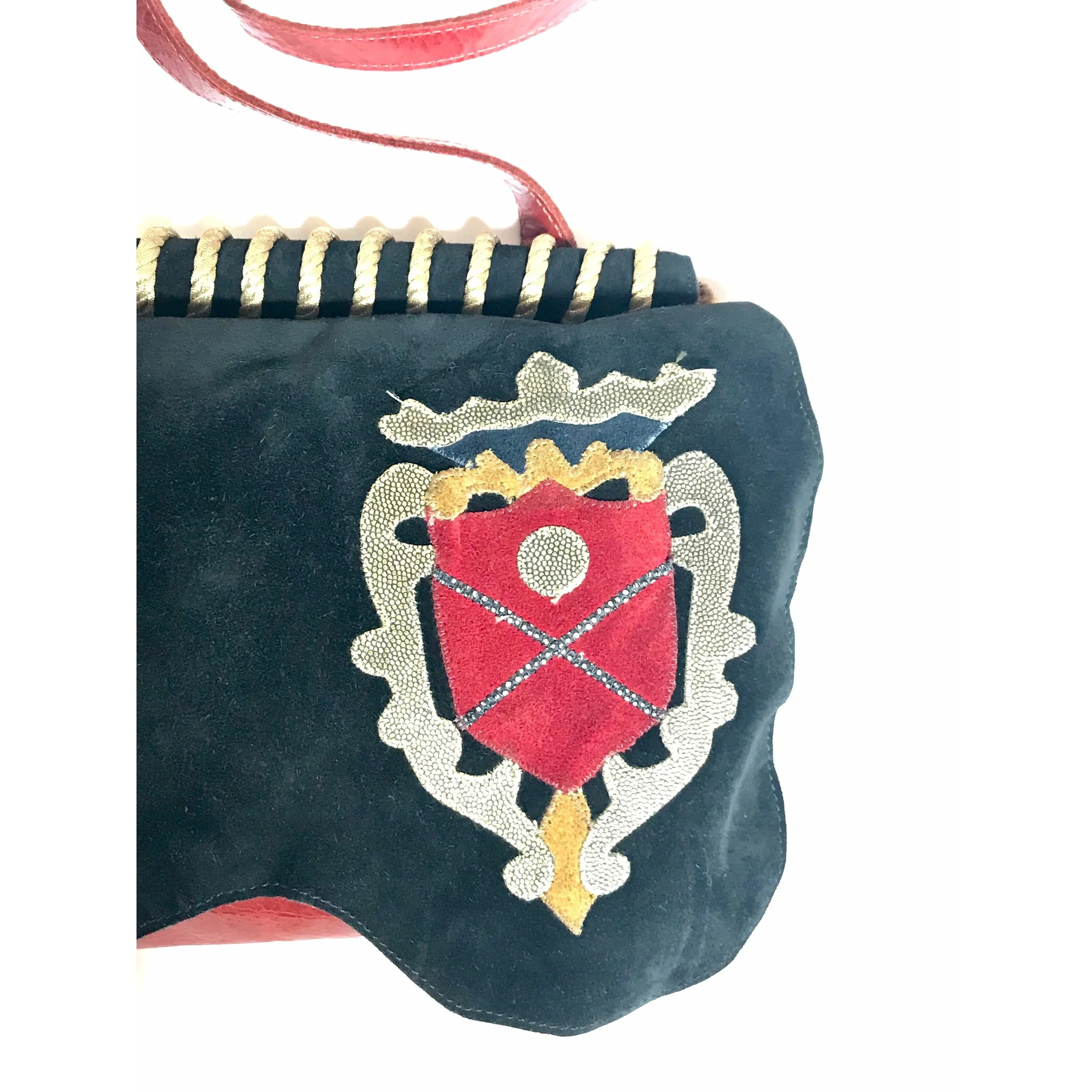 Vintage Carlos Falchi black and red leather book design messenger shoulder bag with emblem embroidery. 0602063