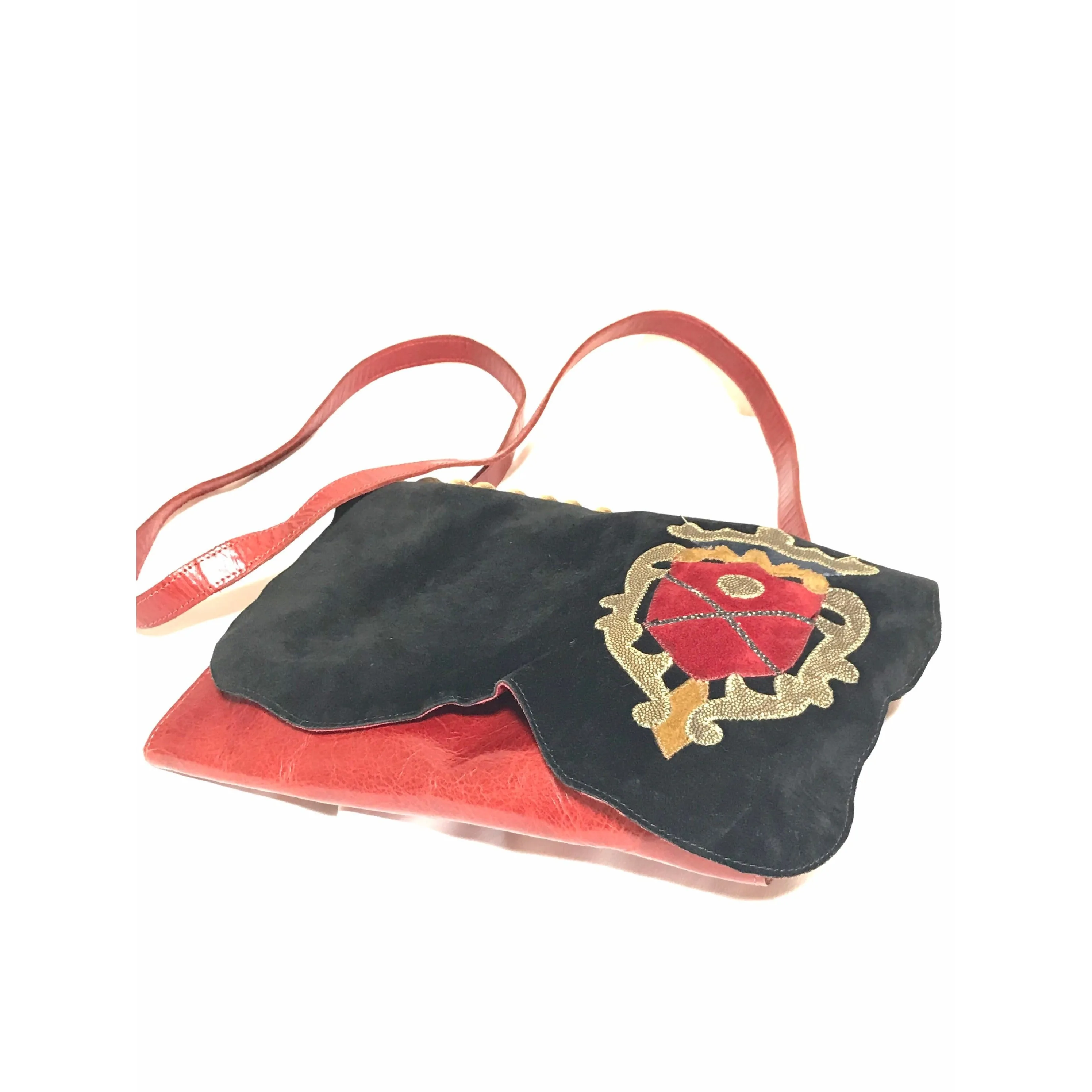 Vintage Carlos Falchi black and red leather book design messenger shoulder bag with emblem embroidery. 0602063