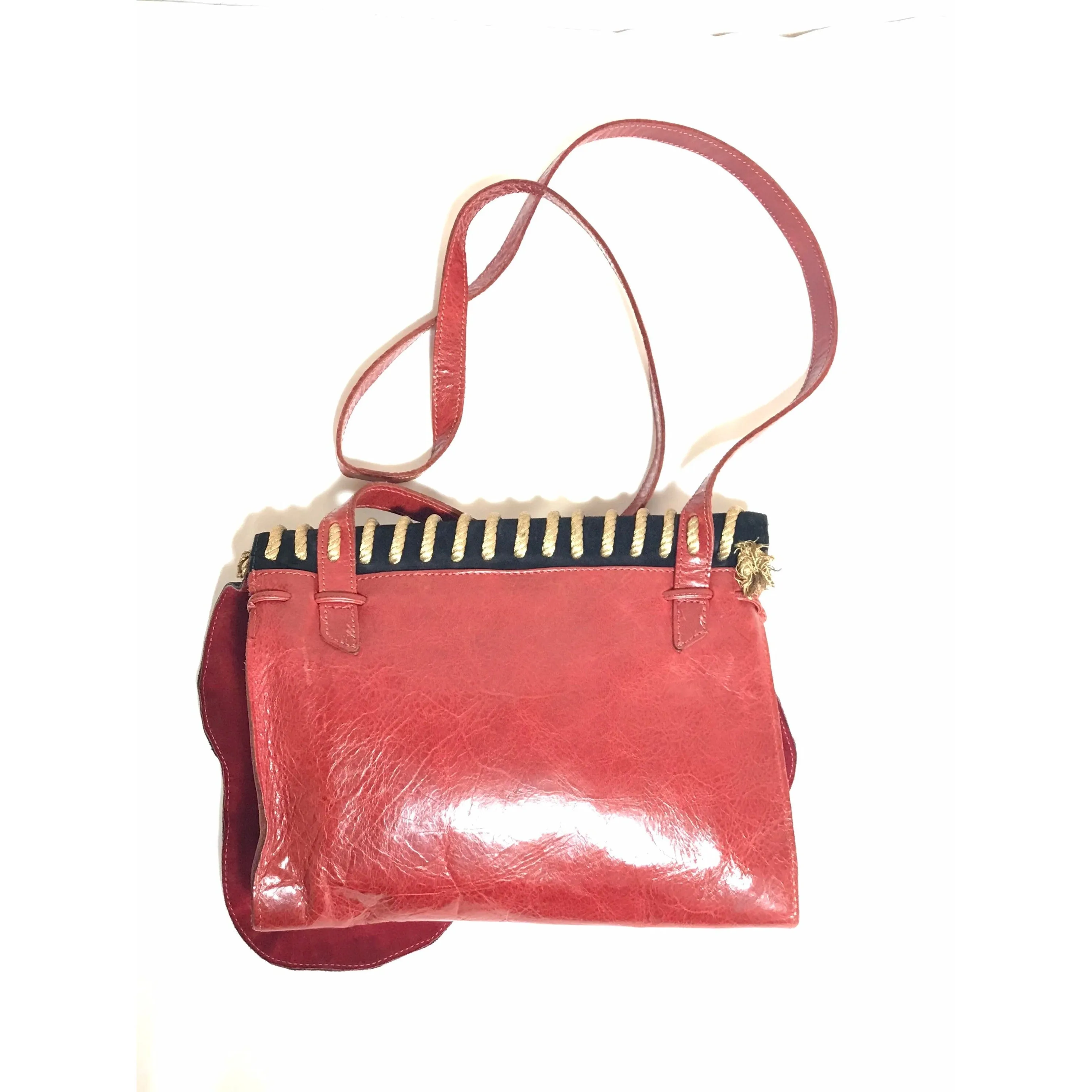 Vintage Carlos Falchi black and red leather book design messenger shoulder bag with emblem embroidery. 0602063