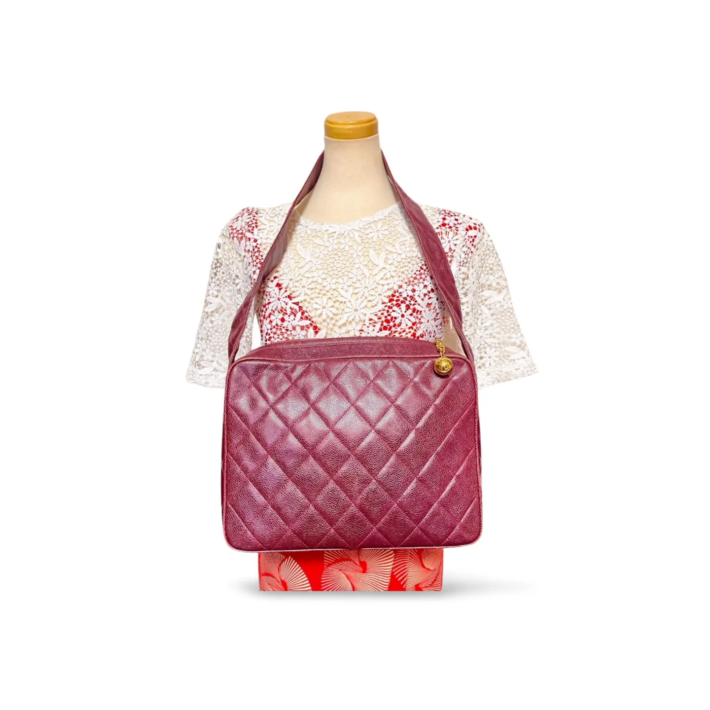 Vintage CHANEL wine caviar leather messenger large, jumbo shoulder bag with golden CC ball charm. Classic purse for daily use. 060922ys